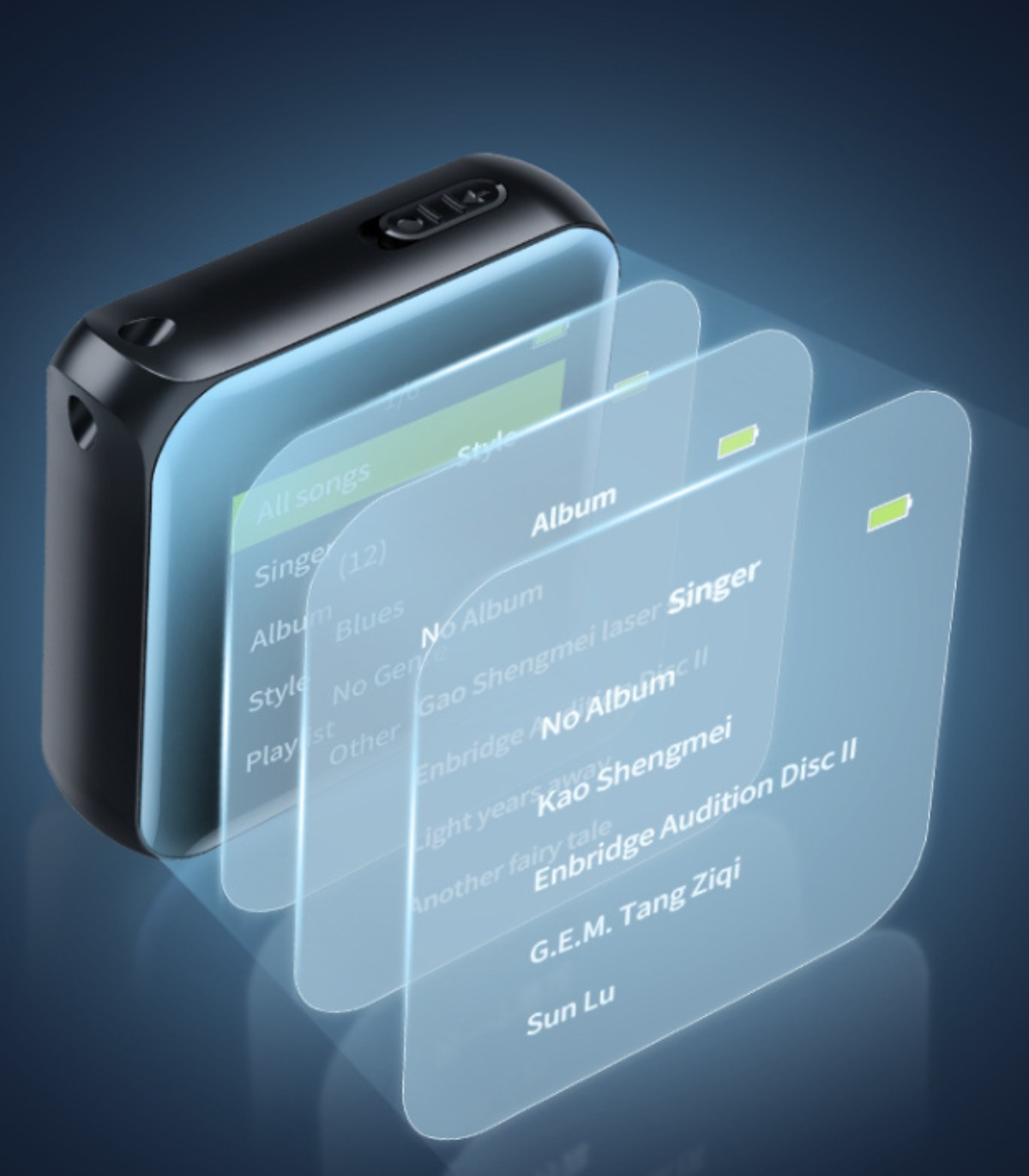 Ein schwarzer MP3-Player, der Albuminformationen anzeigt. Der Bildschirm zeigt Songtitel und Albumnamen.