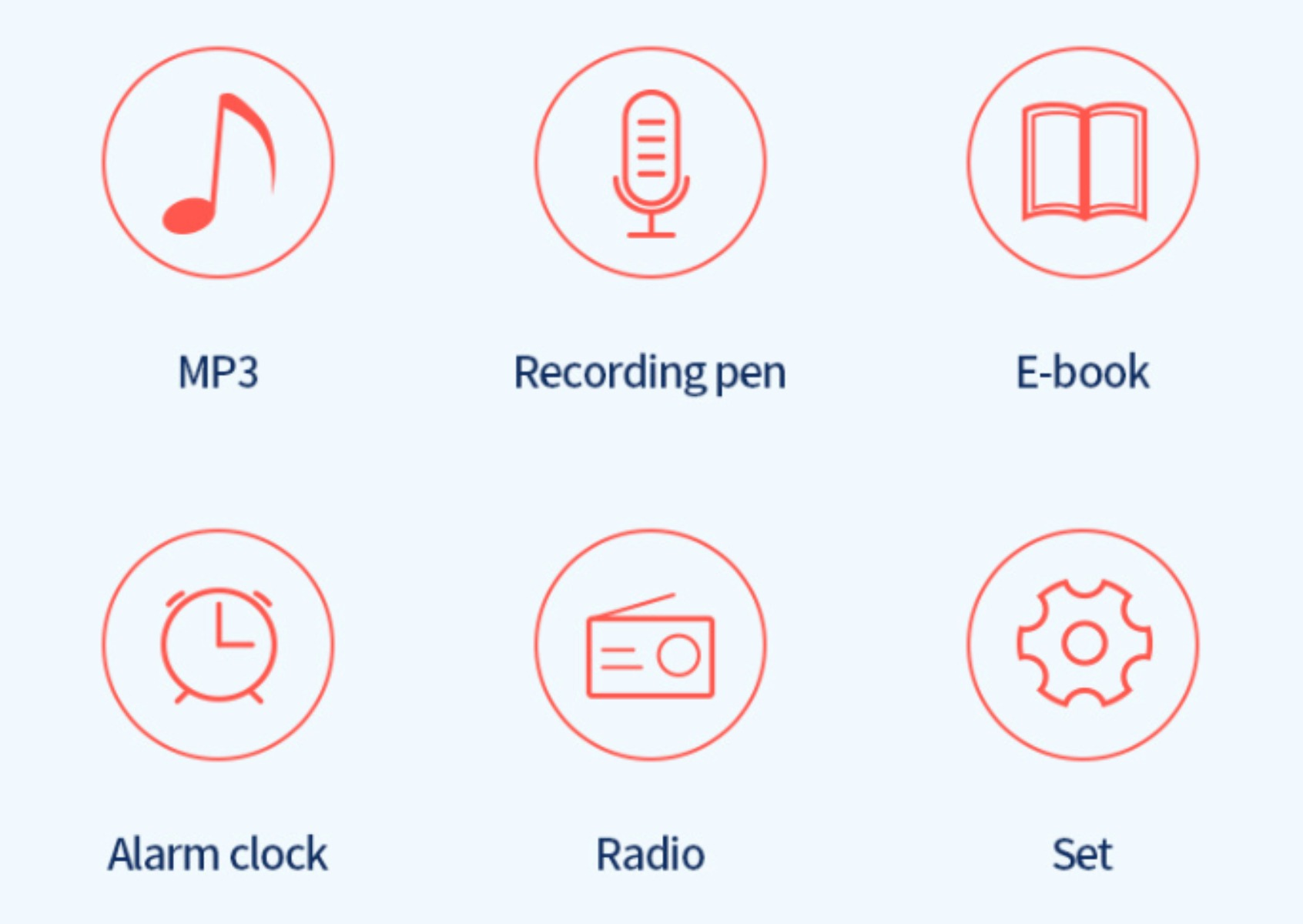 Symbole für MP3, Aufnahmestift, E-Book, Wecker, Radio und Set. Alle Symbole sind rot in Kreisen.