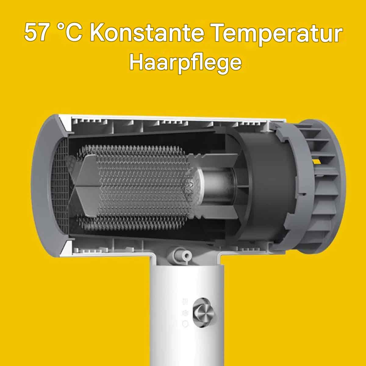 Eine Innenansicht eines Haartrockners, die seine Teile zeigt. Ein Text zeigt eine konstante Temperatur von 57°C.
