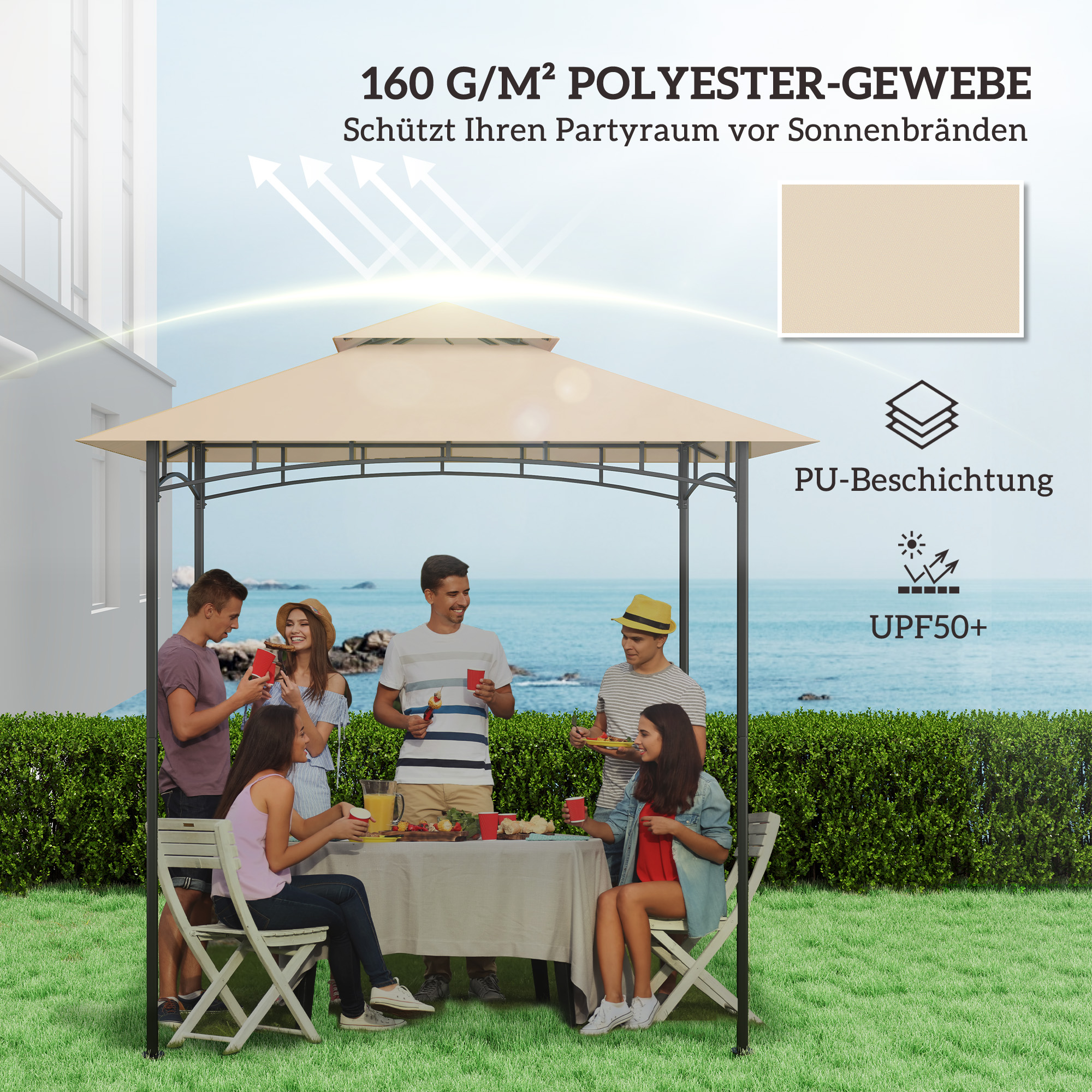 Eine Gruppe von Menschen unter einem beigen Baldachin, die Getränke genießen und sich unterhalten.