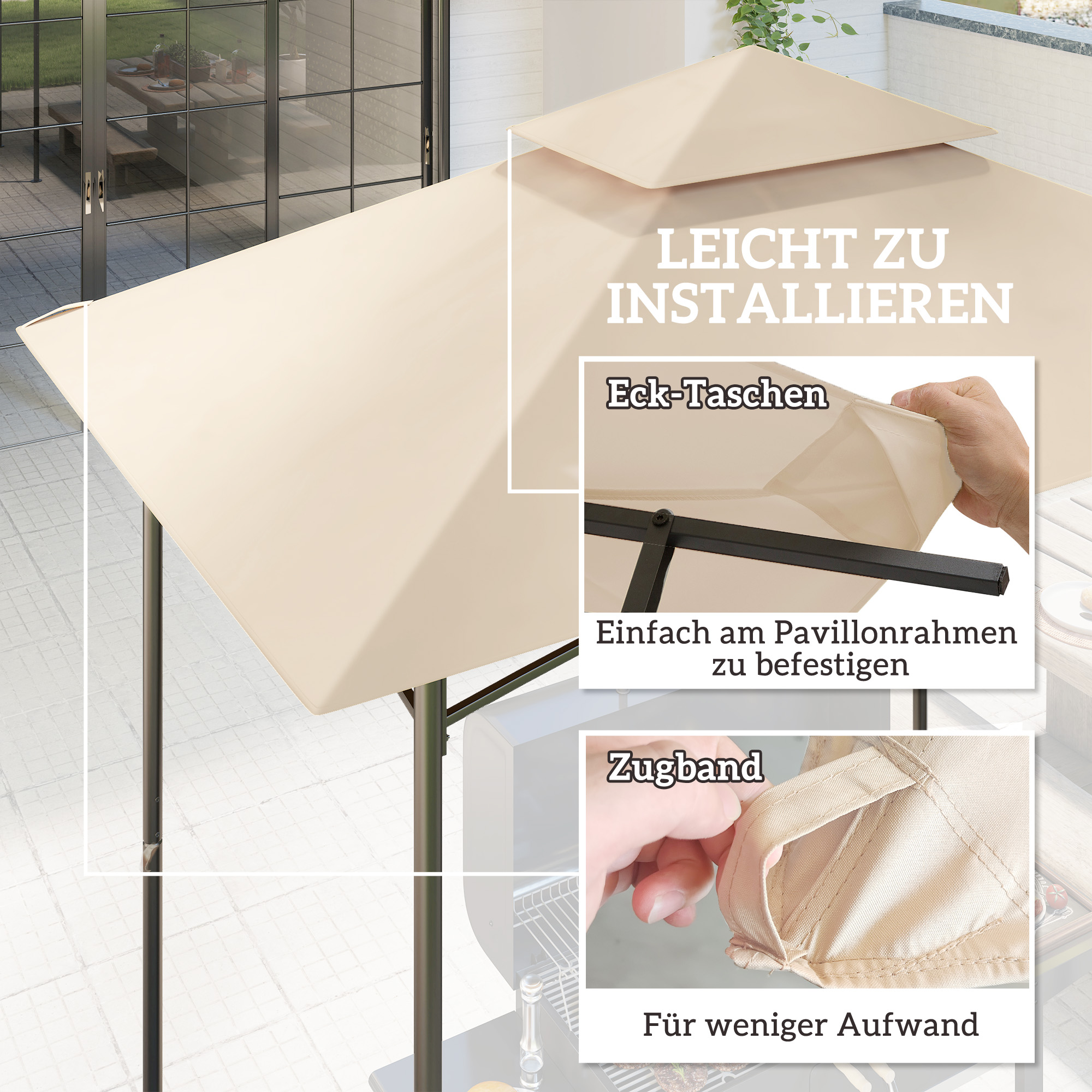 Nahaufnahmen von Details eines beigen Baldachins, die einfache Installationsmerkmale zeigen.