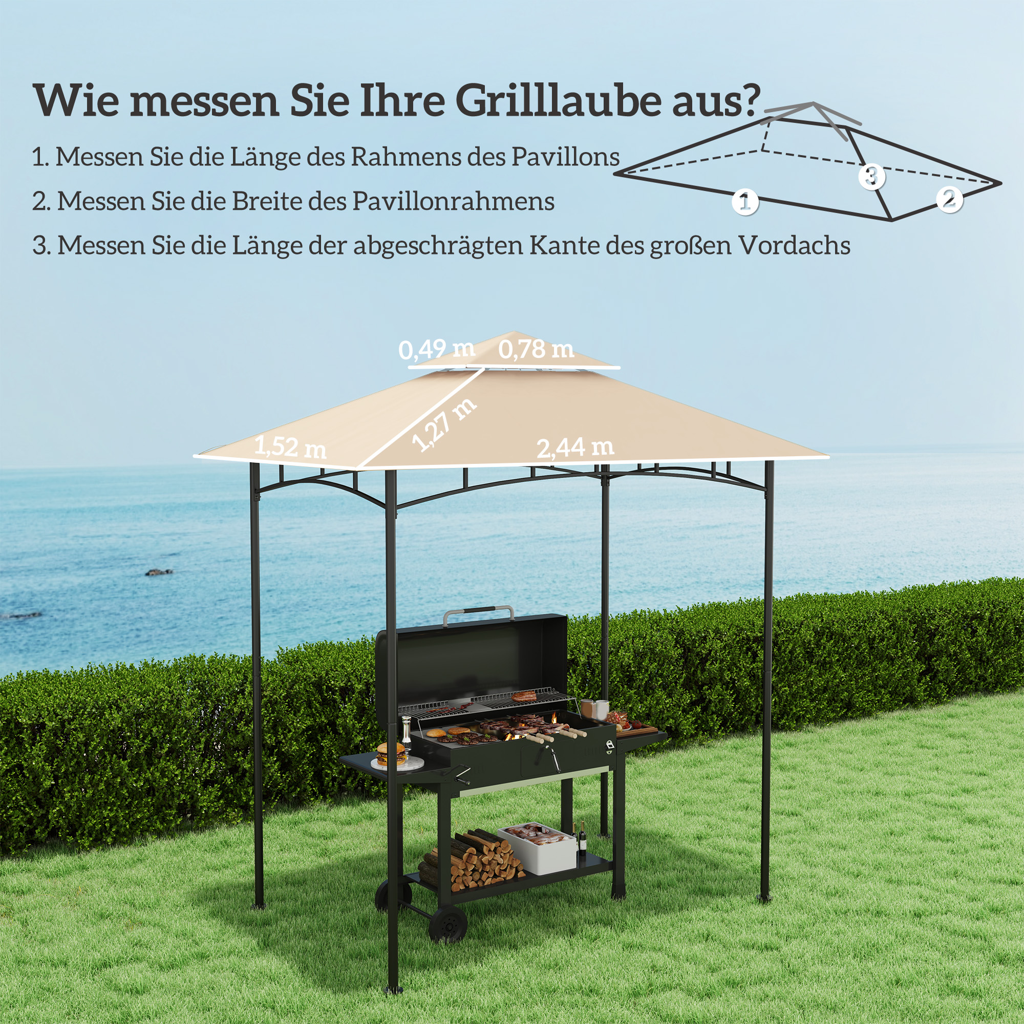 Diagramm zur Messung eines Grillpavillons, mit Abmessungen und einem Strandhintergrund.
