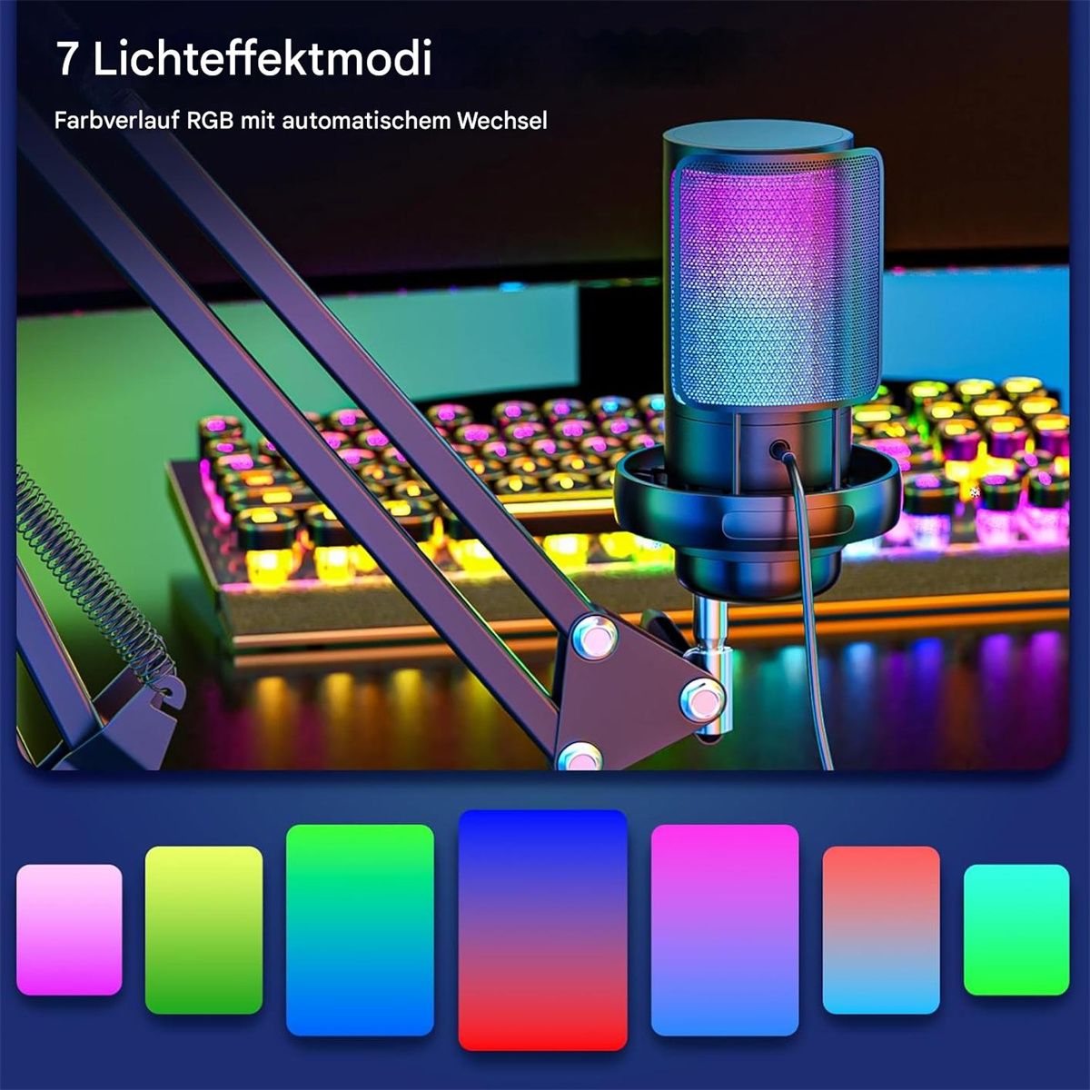 Ein schwarzes Mikrofon mit farbigen Lichtern, verbunden mit einem Auslegerarm, liegt auf einem Schreibtisch mit Tastatur.