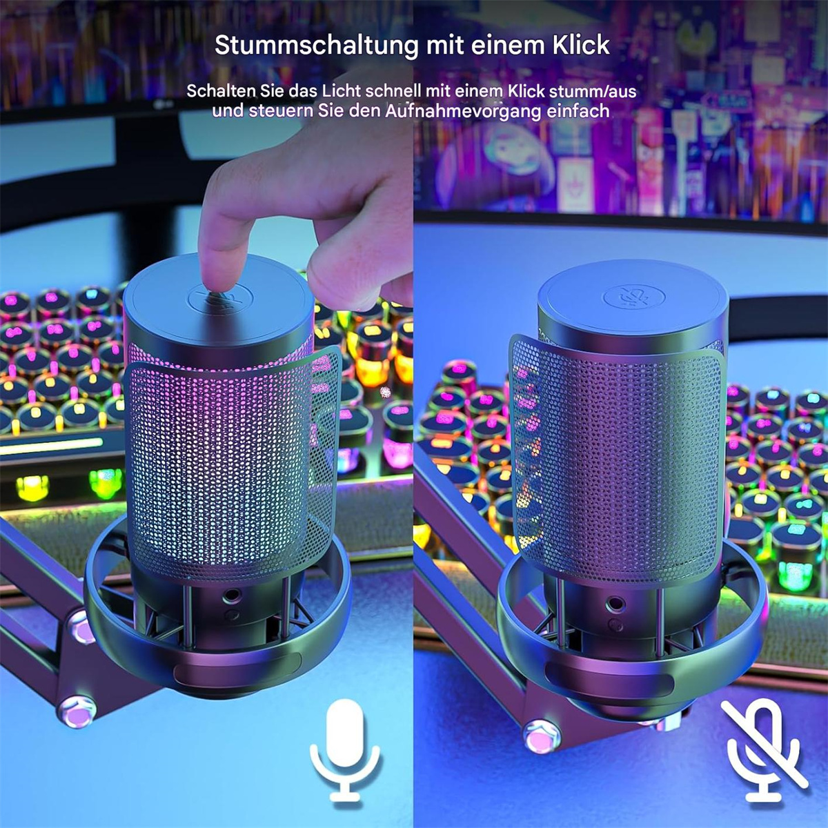 Zwei Bilder: eines mit eingeschaltetem Mikrofonlicht, das andere ausgeschaltet. Im Hintergrund eine Tastatur.