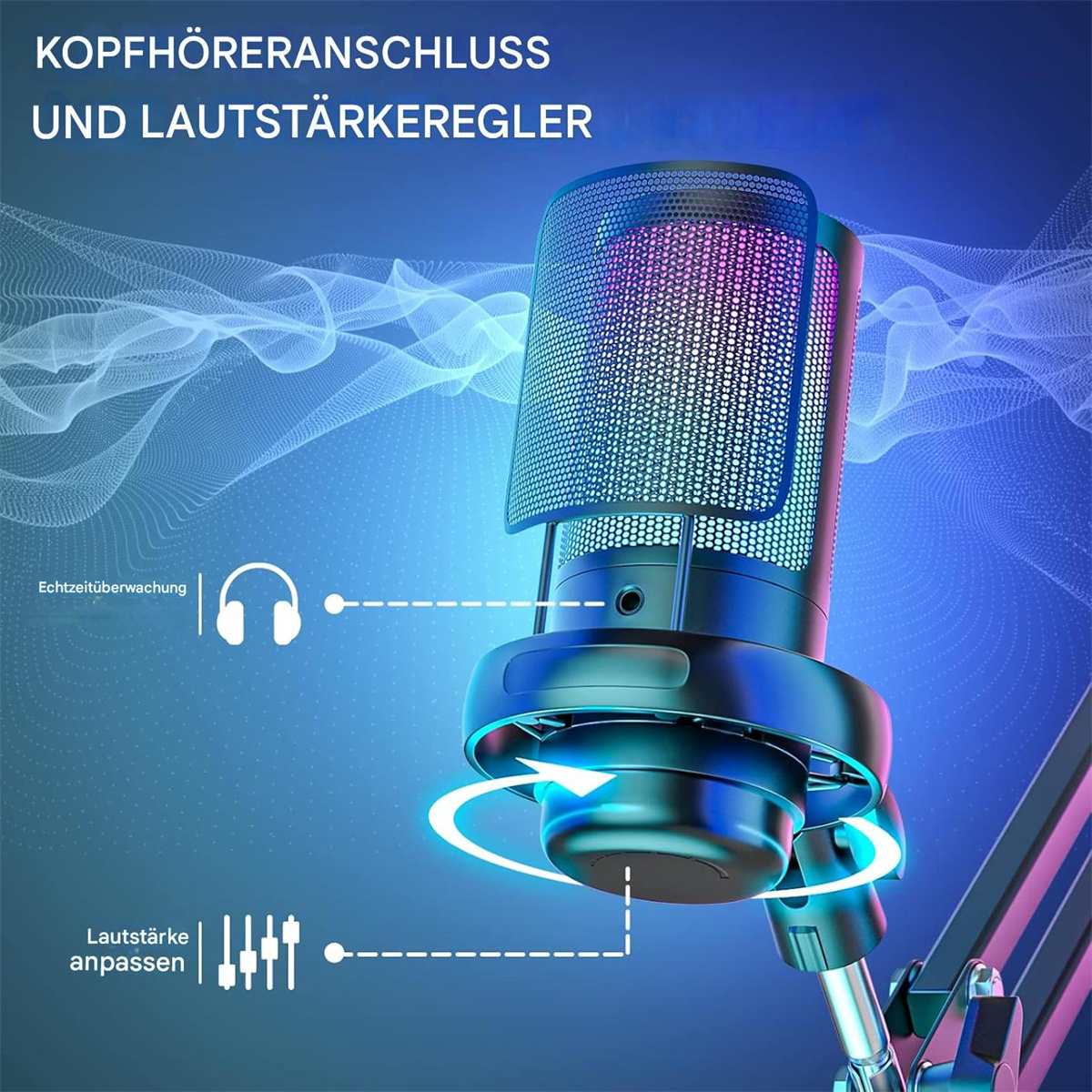 Nahaufnahme eines schwarzen Mikrofons mit leuchtendem Gitter und kreisförmiger Basis, zeigt Details und Anschlüsse.