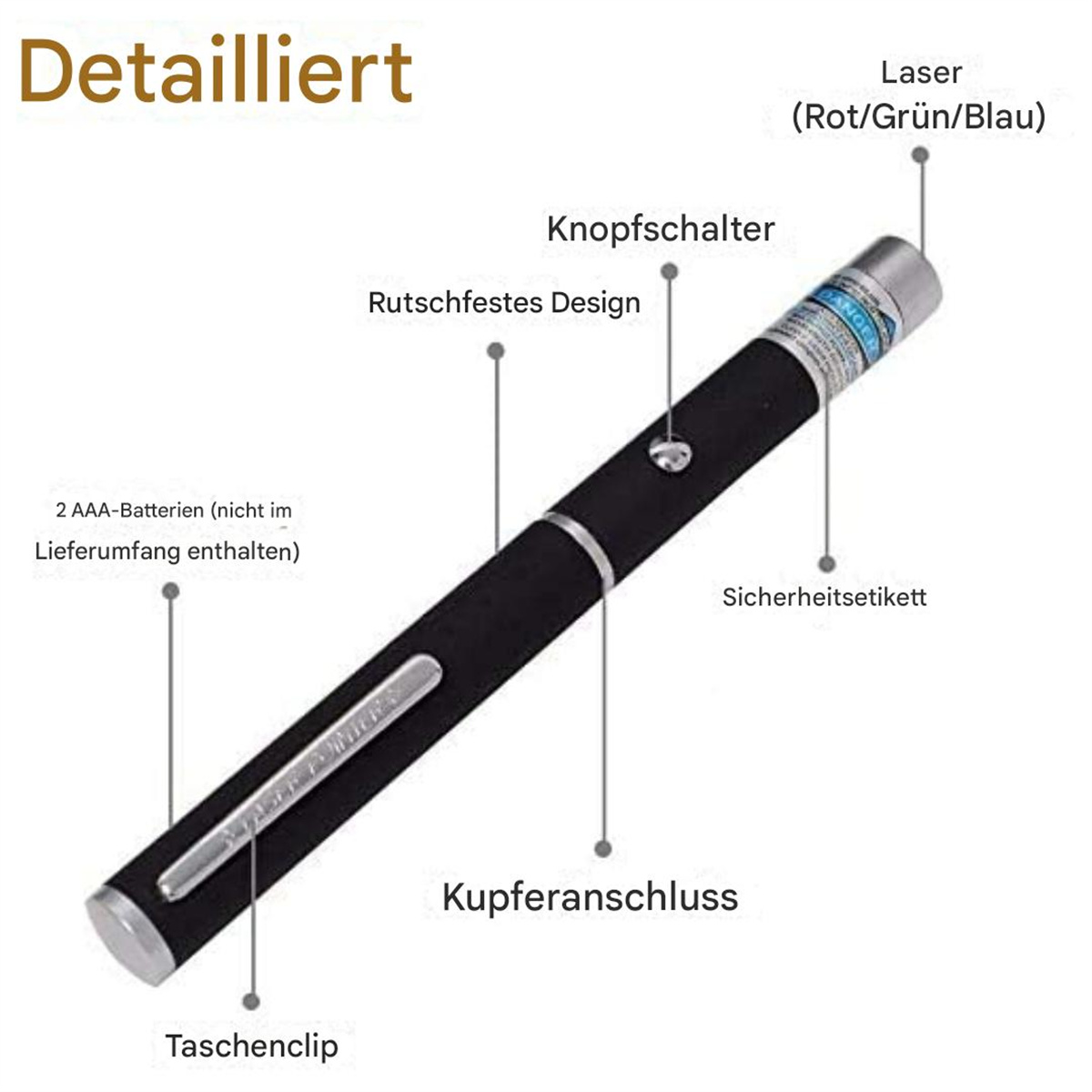 Nahaufnahme eines schwarzen Laserpointers mit Etiketten, die auf seine Funktionen und Komponenten zeigen.