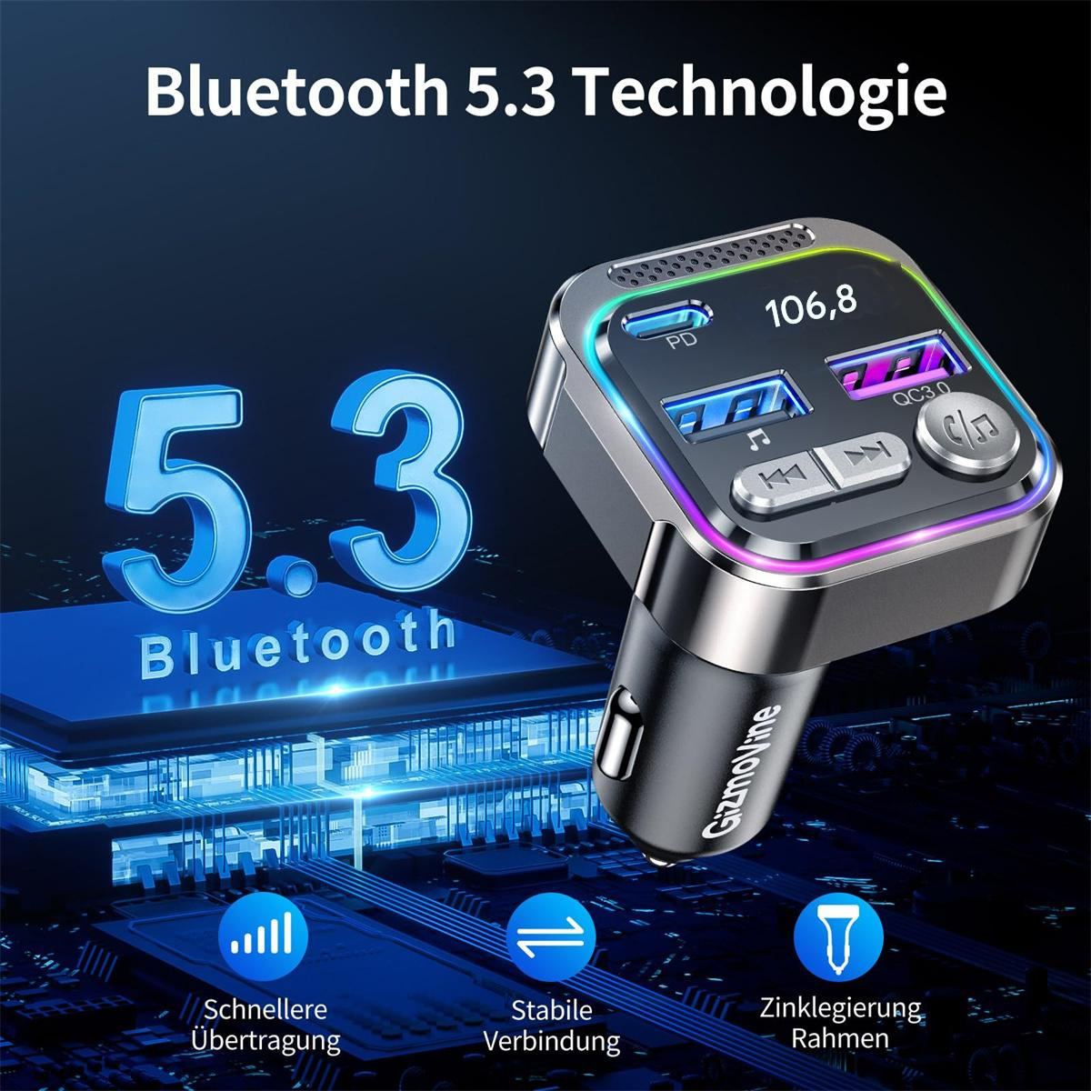 Ein Autoladegerät mit digitaler Anzeige, USB-Anschlüssen und Bluetooth 5.3 Technologie, mit Symbolen und Beschriftungen.