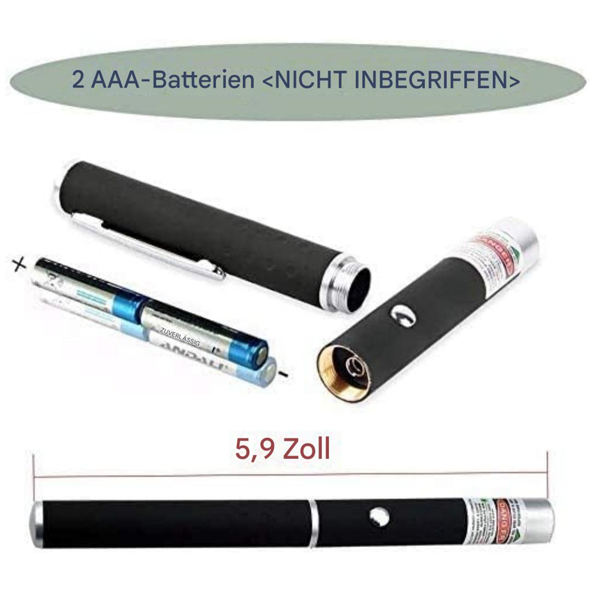 Drei Laserpointer mit einer Batterie und einem Maß von 5,9 Zoll.