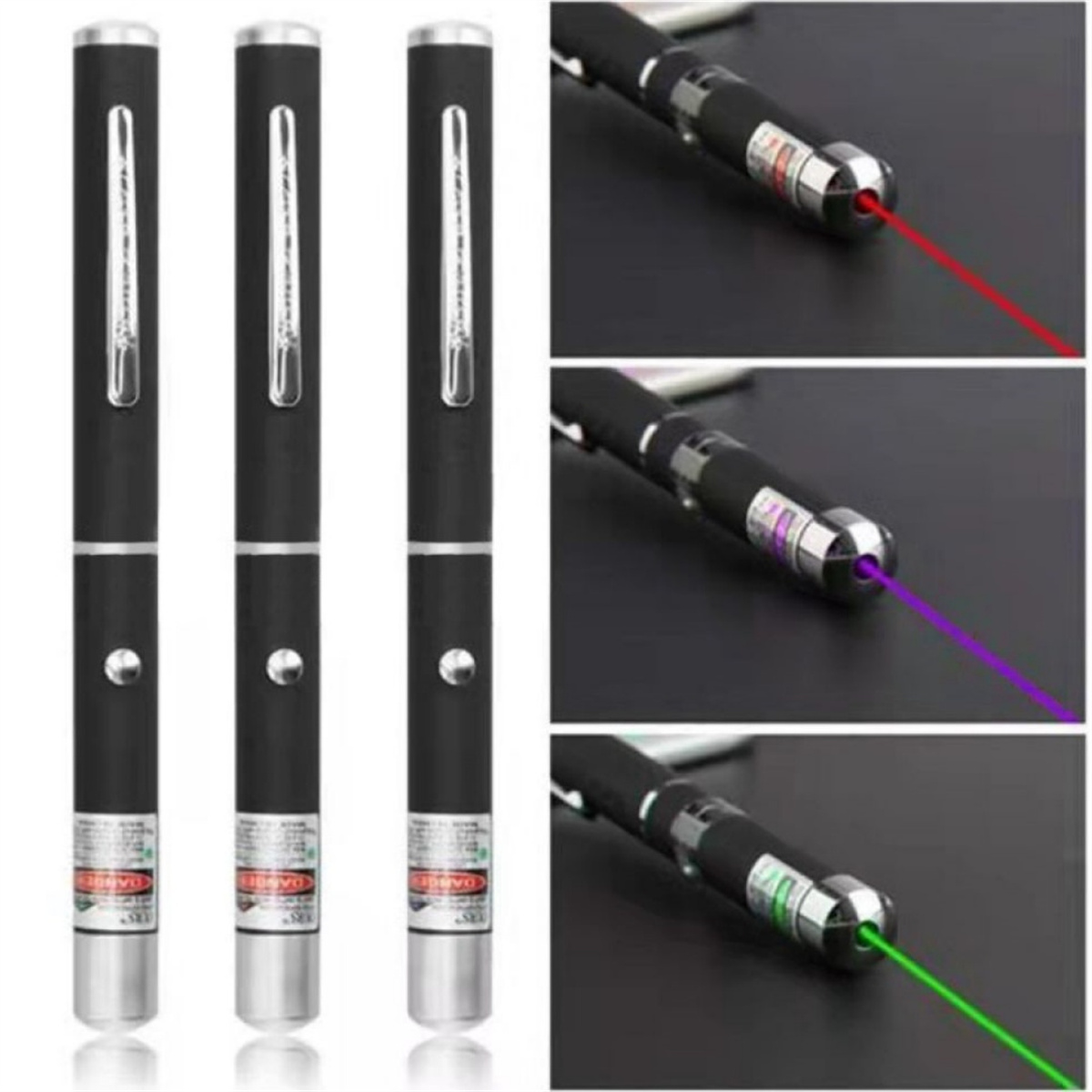 Vier schwarze Laserpointer, die die Strahlfarben Rot, Lila und Grün zeigen, mit aktiven Laserstrahlen.