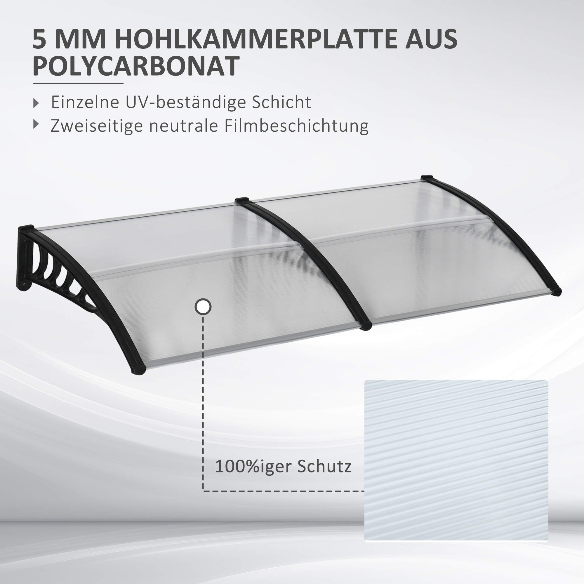 Ein transparentes Vordach mit schwarzen Halterungen, das seine Polycarbonatstruktur und Schutzmerkmale detailliert zeigt.