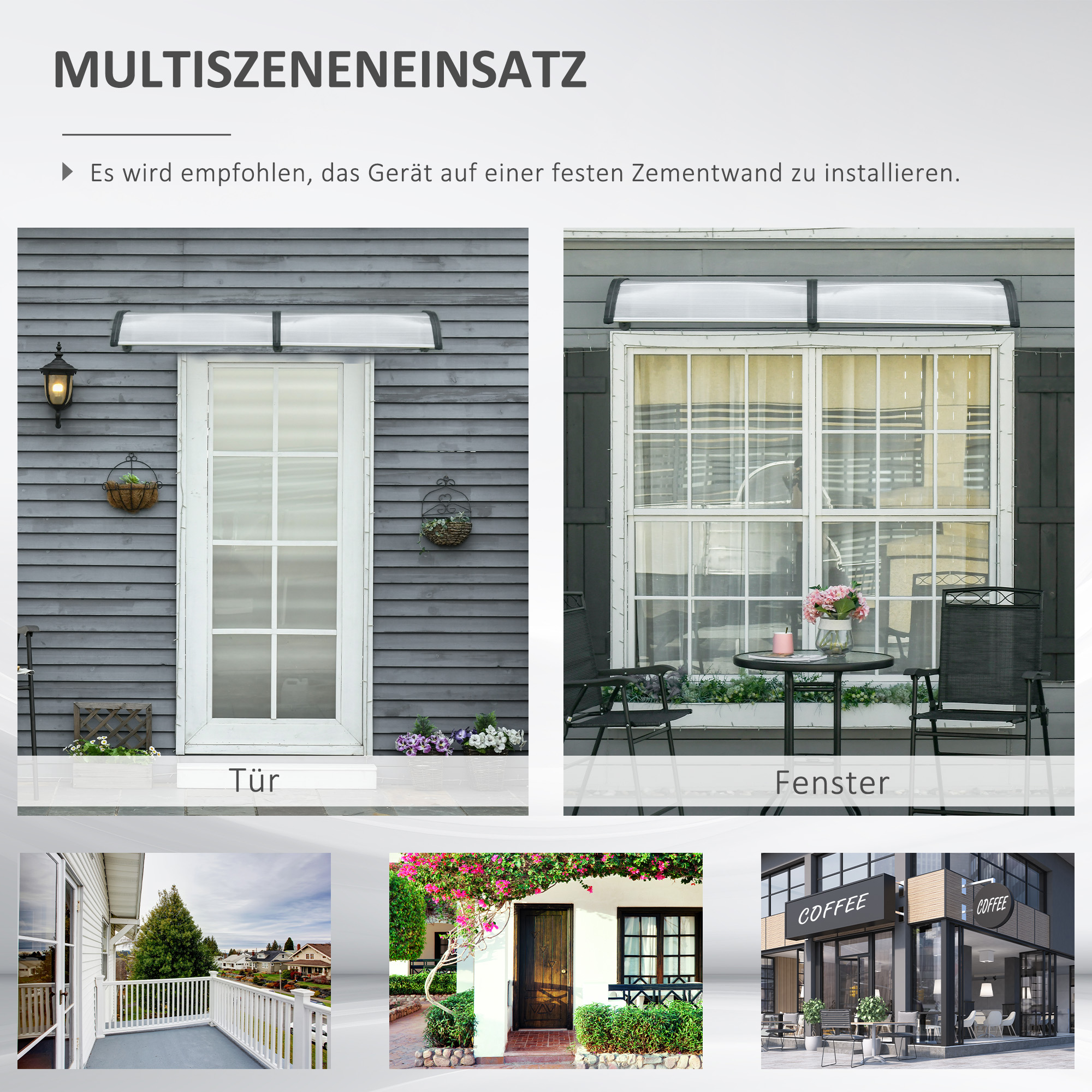 Bilder von Markisen über Türen und Fenstern, verschiedene Stile und Einstellungen.