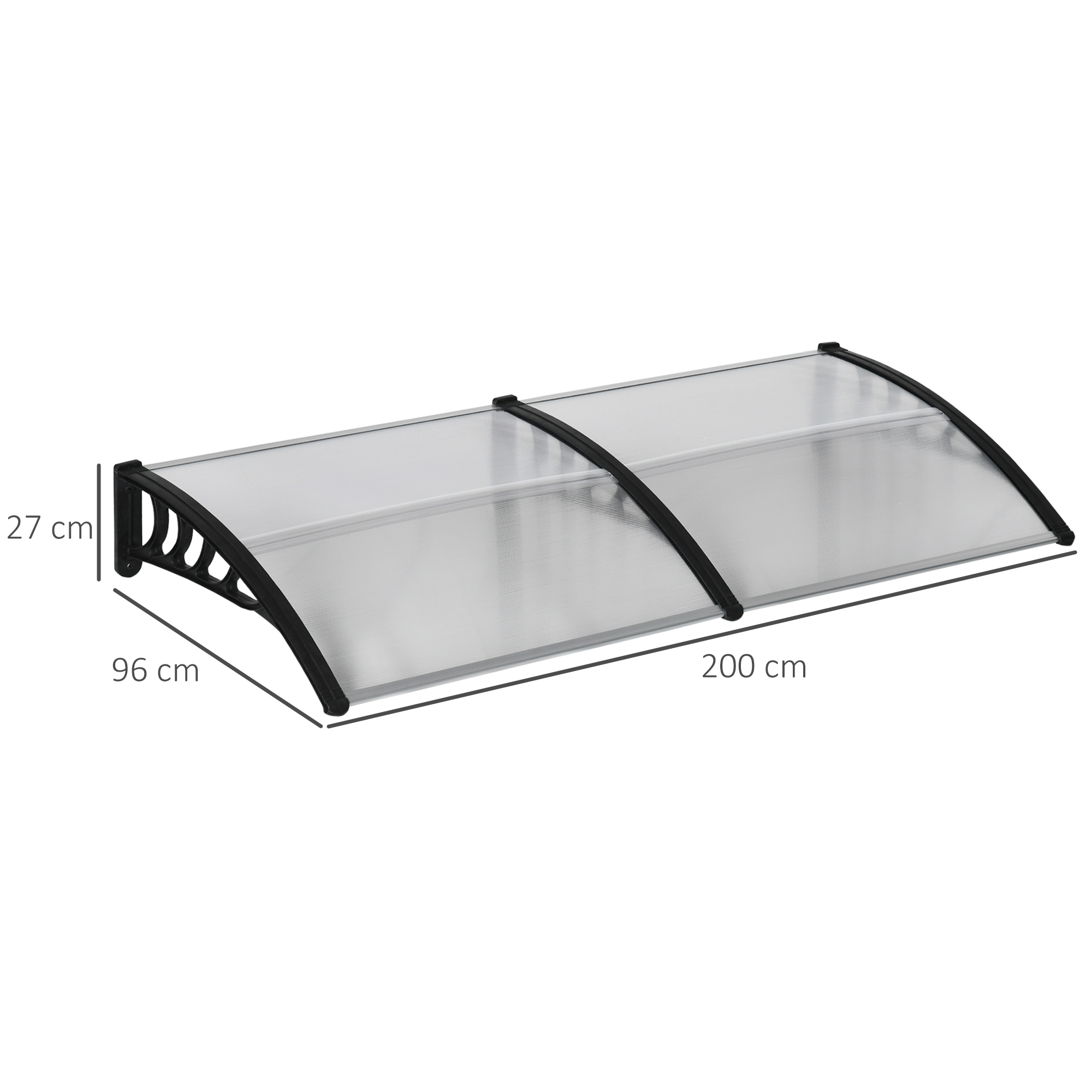 Ein schwarzes und transparentes Vordach mit den Maßen: 200 cm lang, 96 cm breit und 27 cm hoch.