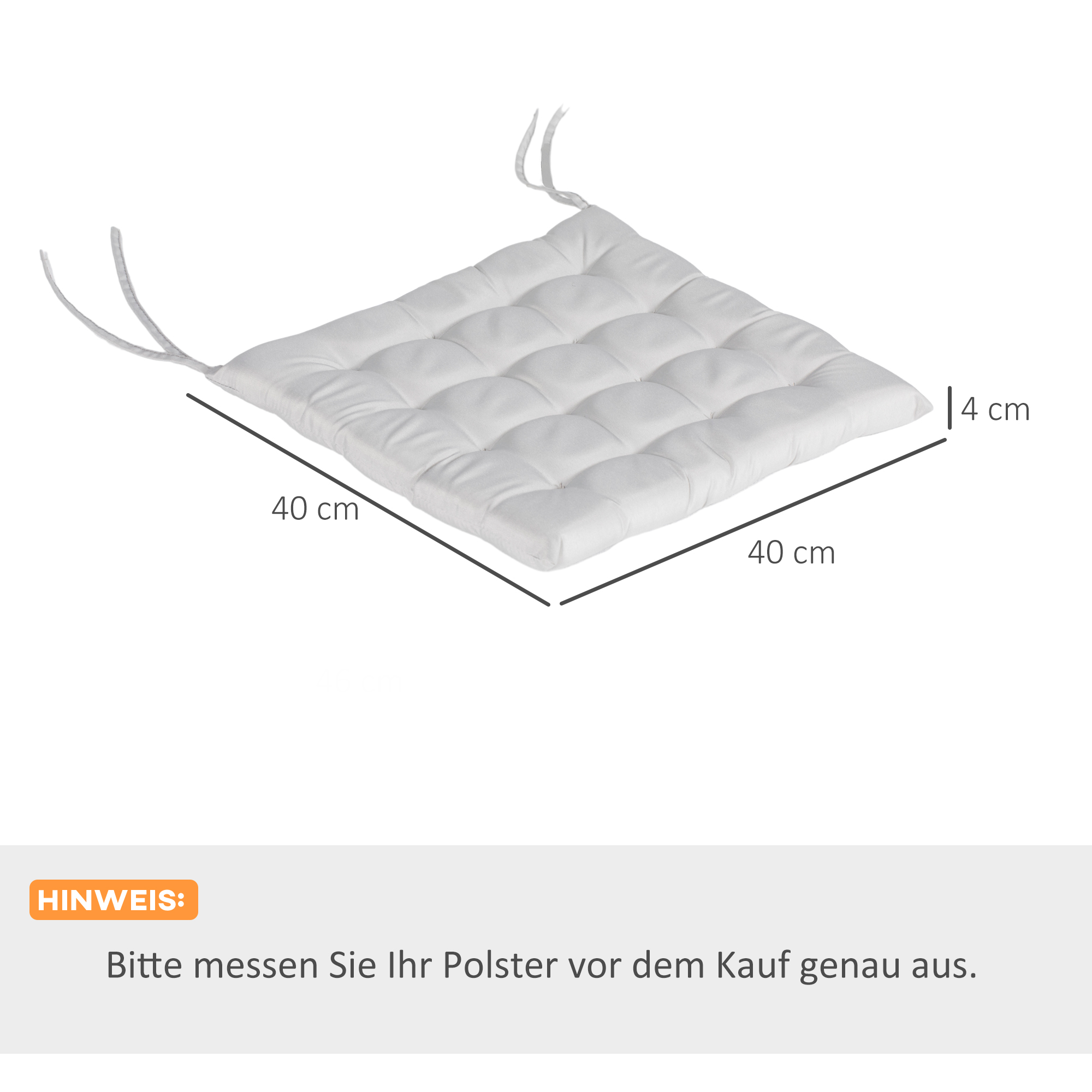 Weißes quadratisches Kissen mit Abmessungen, mit Hinweis zur Messung.