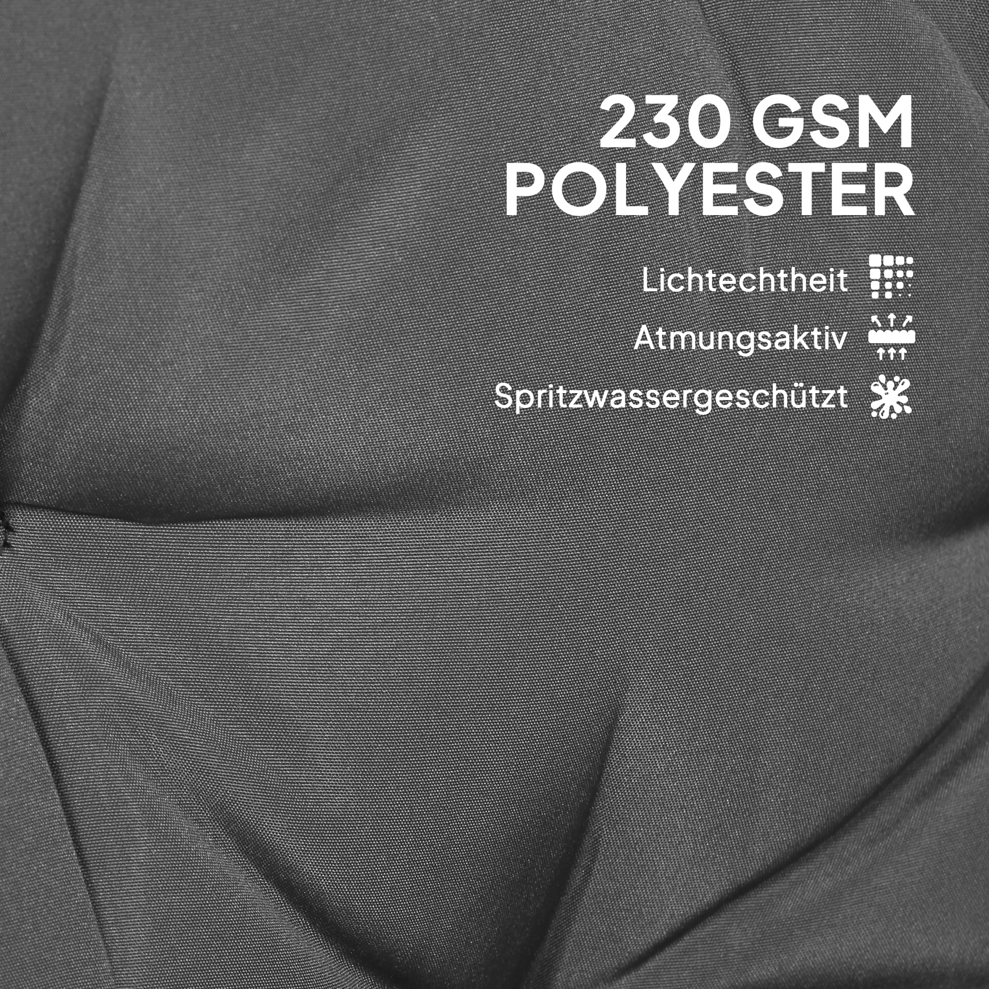 Nahaufnahme eines grauen Kissens. Text überlagert: '230 GSM POLYESTER', wasserabweisend und atmungsaktiv.