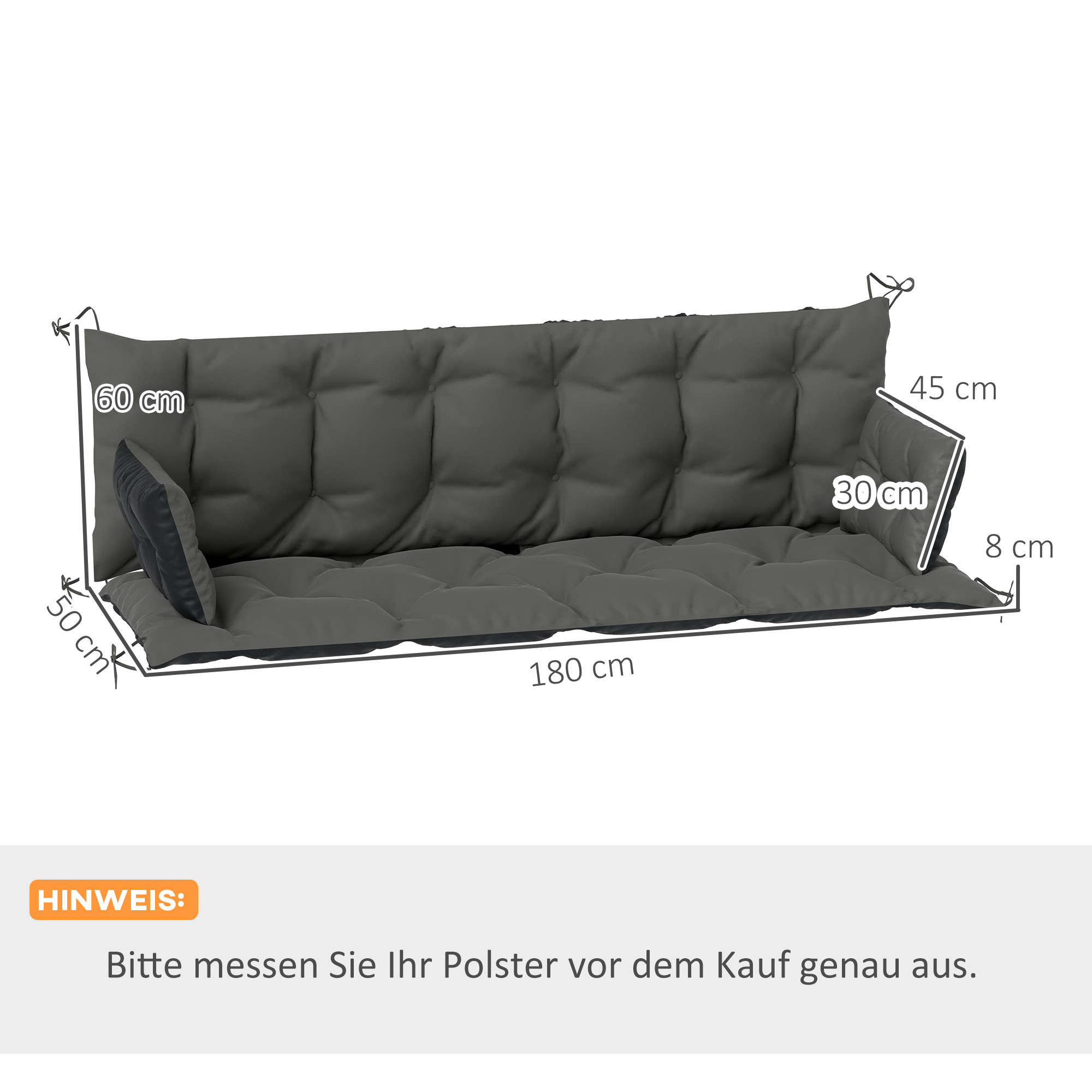 Diagramm mit den Abmessungen des Bankkissens. Abmessungen in Zentimetern: 180, 60, 50, 45, 30 und 8.