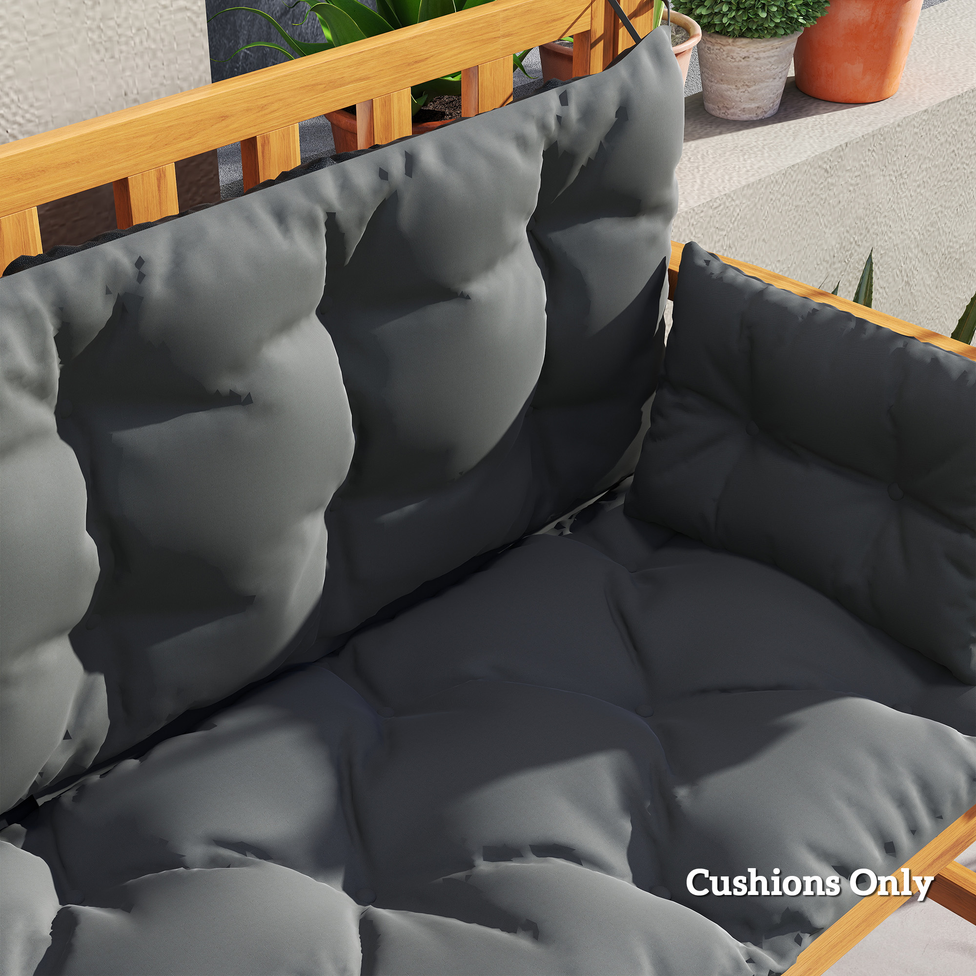 Nahaufnahme grauer Bankkissen. Kissen auf einer Holzbank platziert. Die Worte 'Cushions Only' stehen darunter.