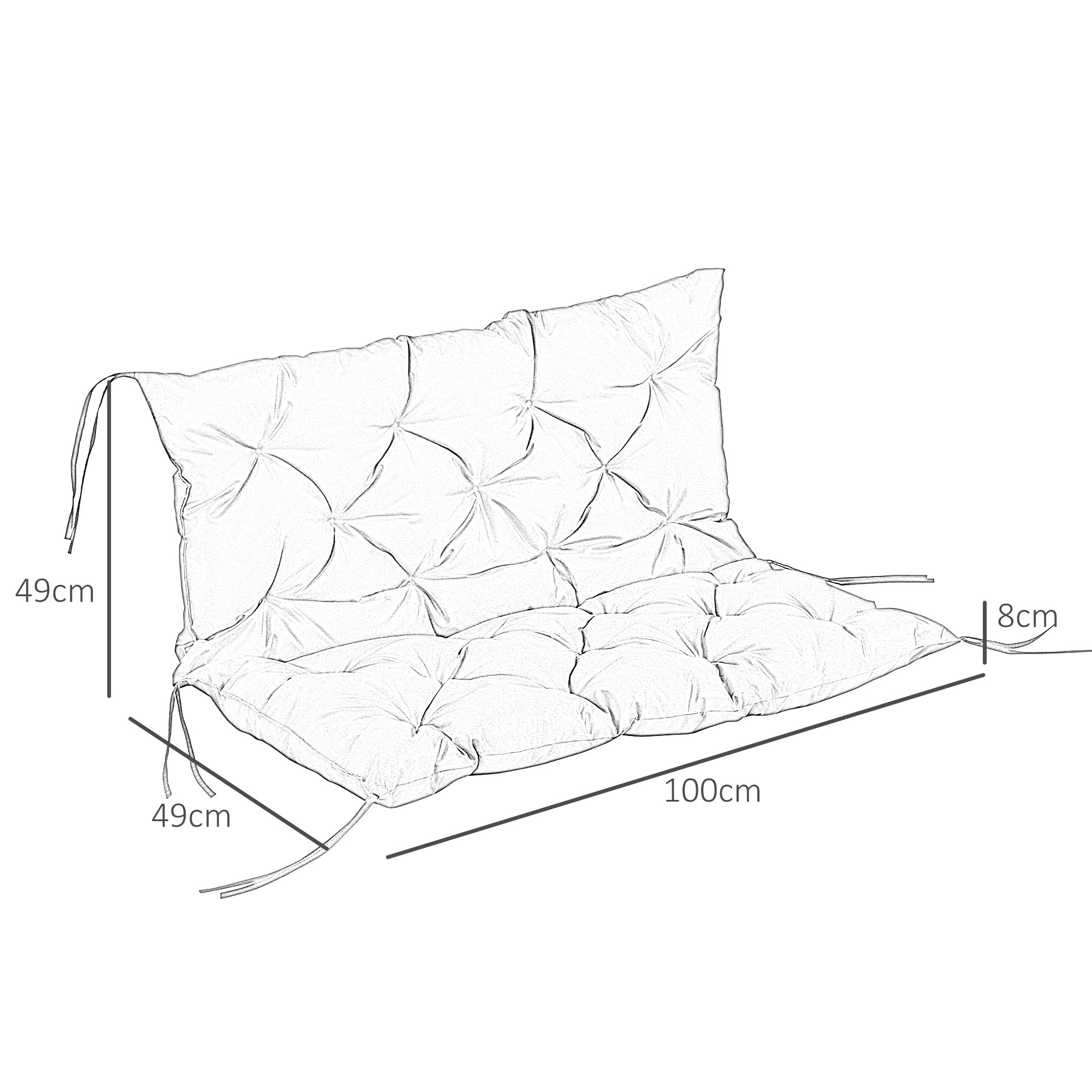 Diagrama de un cojín con mechones. Las dimensiones son 100cm x 49cm x 8cm.