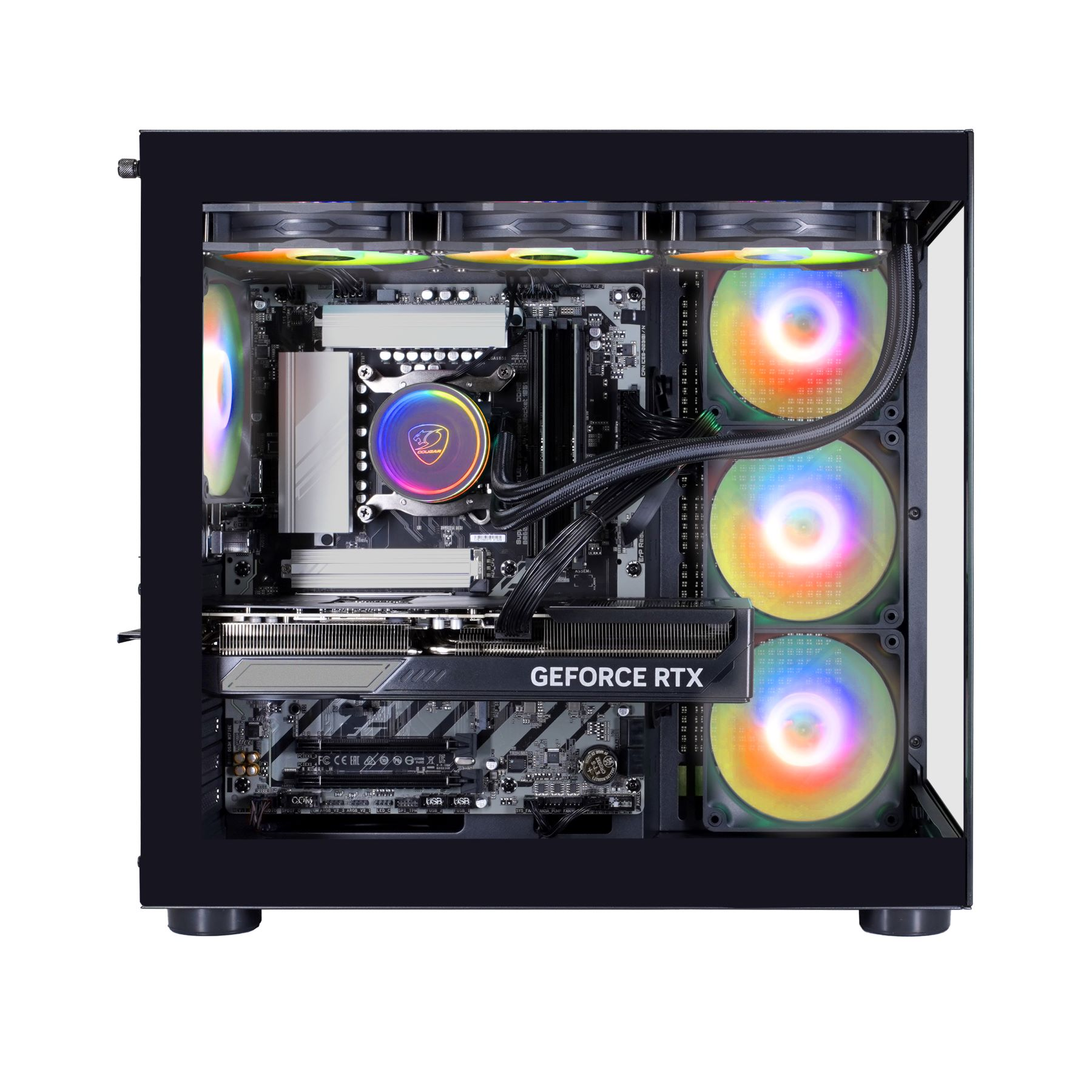 Case per computer nero con pannello in vetro e componenti interni, ventole illuminate. Logo Cougar visibile.