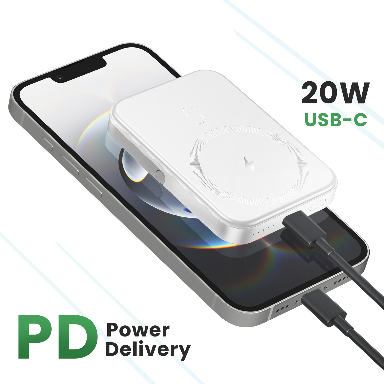 Chargeur sans fil blanc chargeant un téléphone noir. Texte : 20W USB-C, Power Delivery.