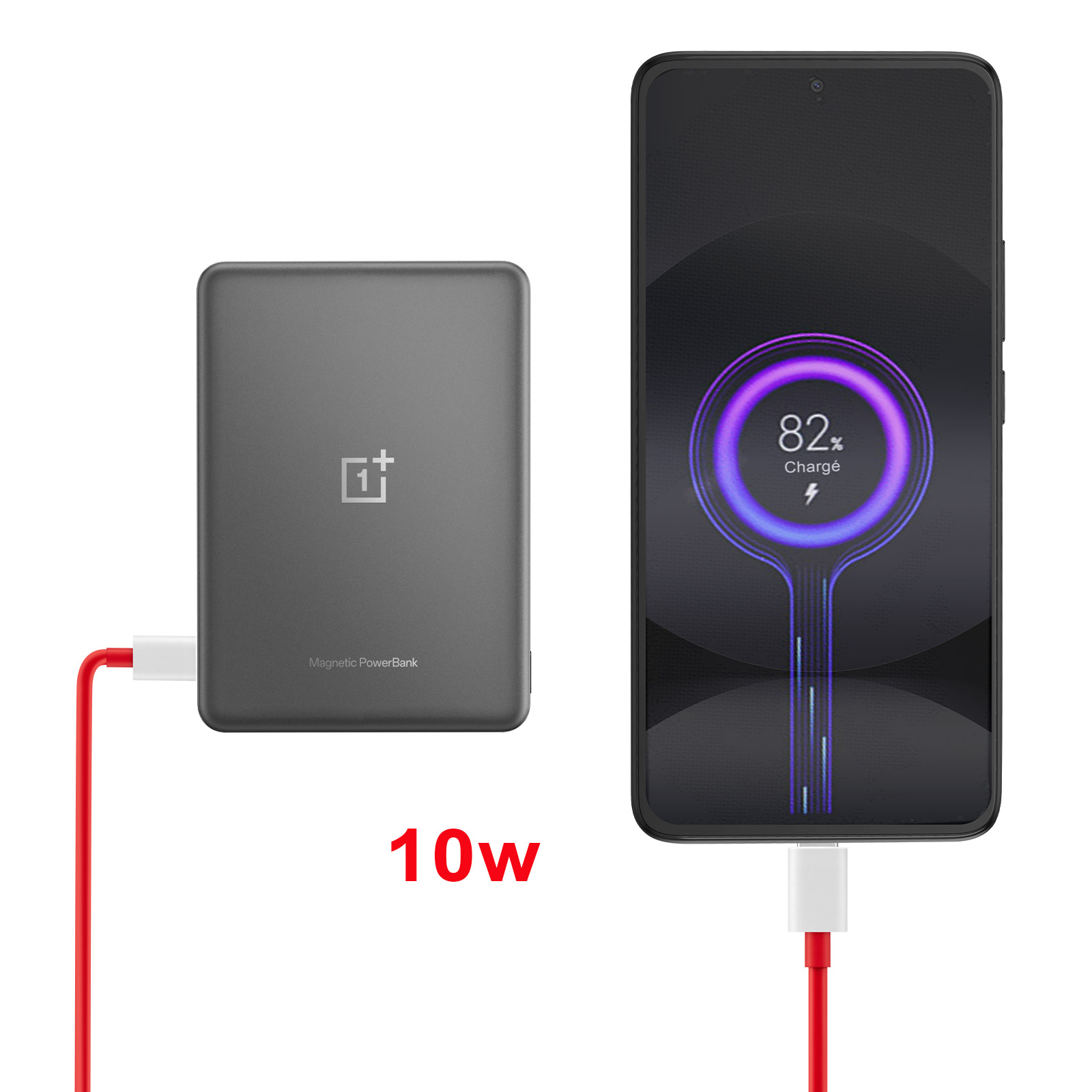 Eine graue Powerbank lädt ein schwarzes Telefon mit einem roten Kabel auf. Text sagt 10W.