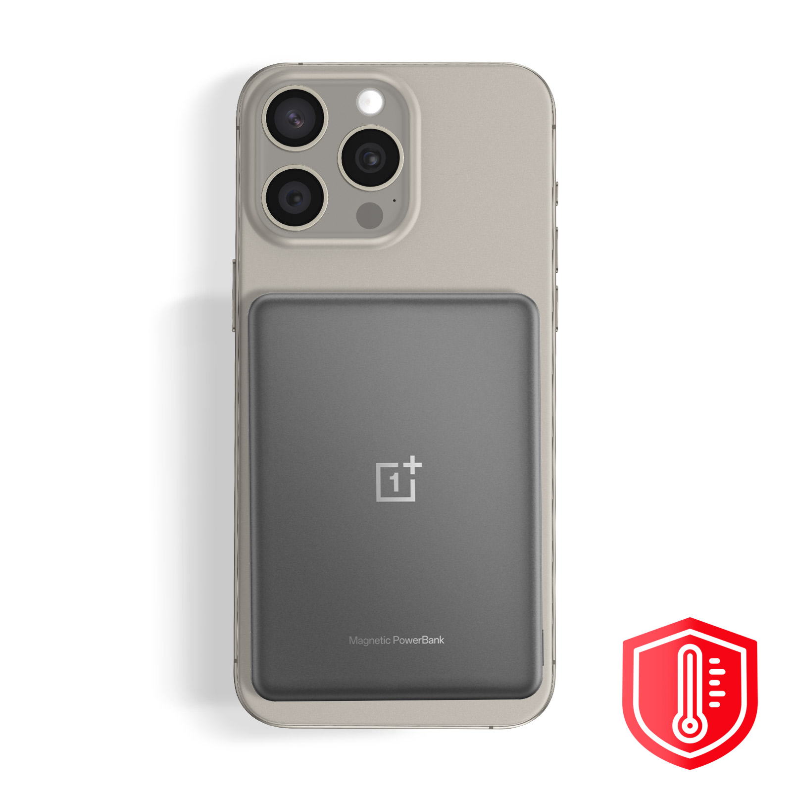 Graues Telefon mit Powerbank, OnePlus-Logo und Temperatursymbol.