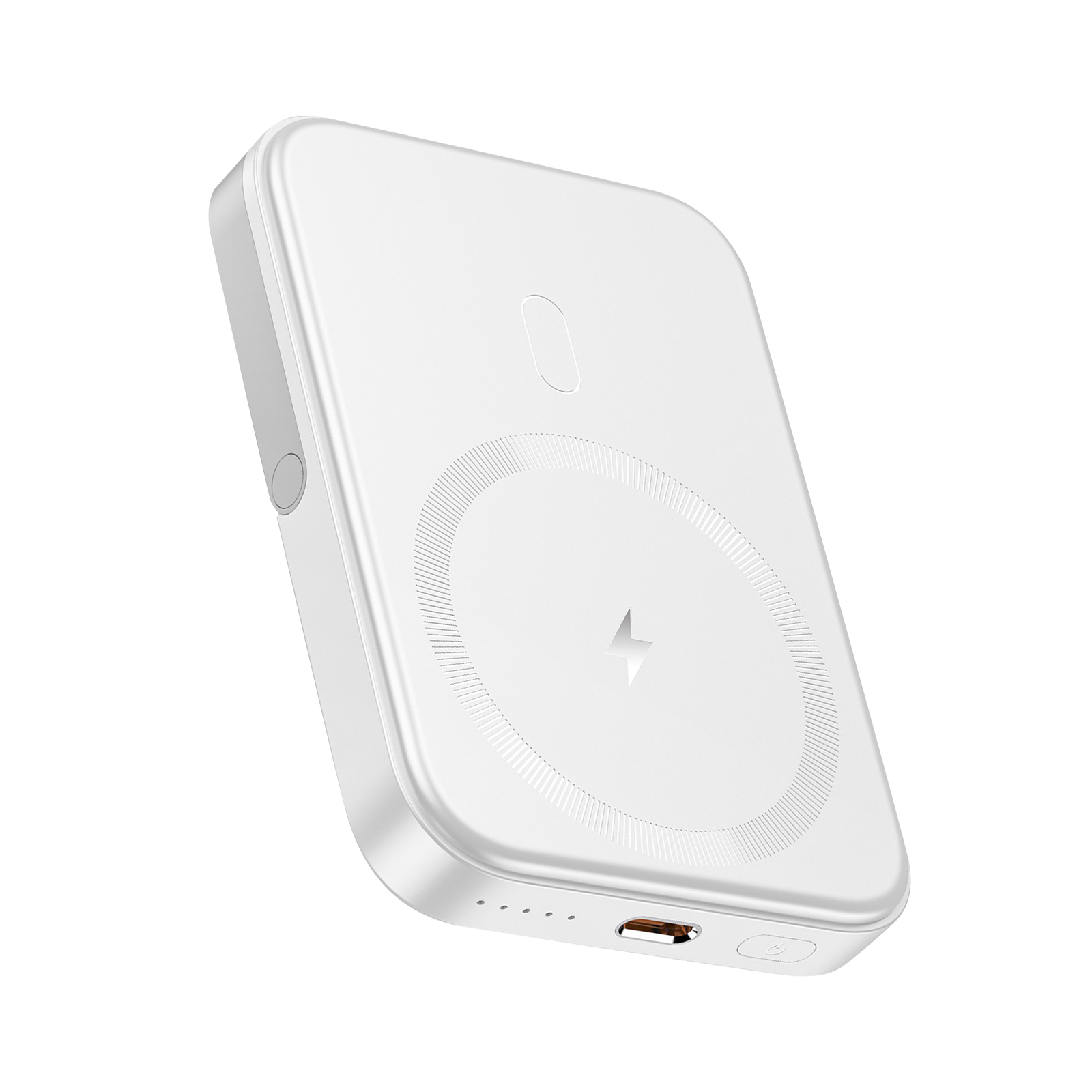 Batterie externe blanche avec surface de charge sans fil et port USB. Design minimaliste.