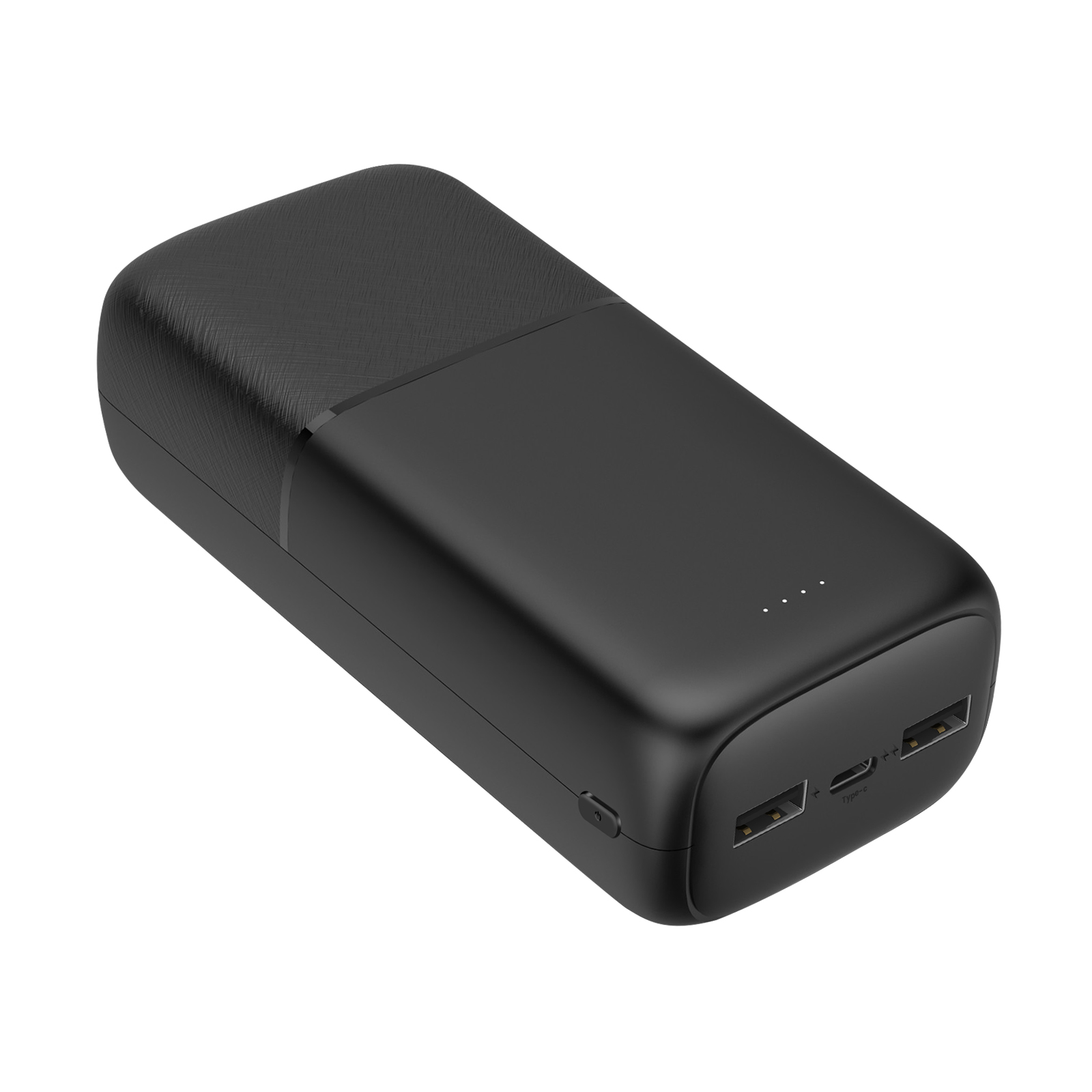 Schwarze Powerbank mit strukturierter Oberseite und zwei Ausgängen. Minimalistisches Design.