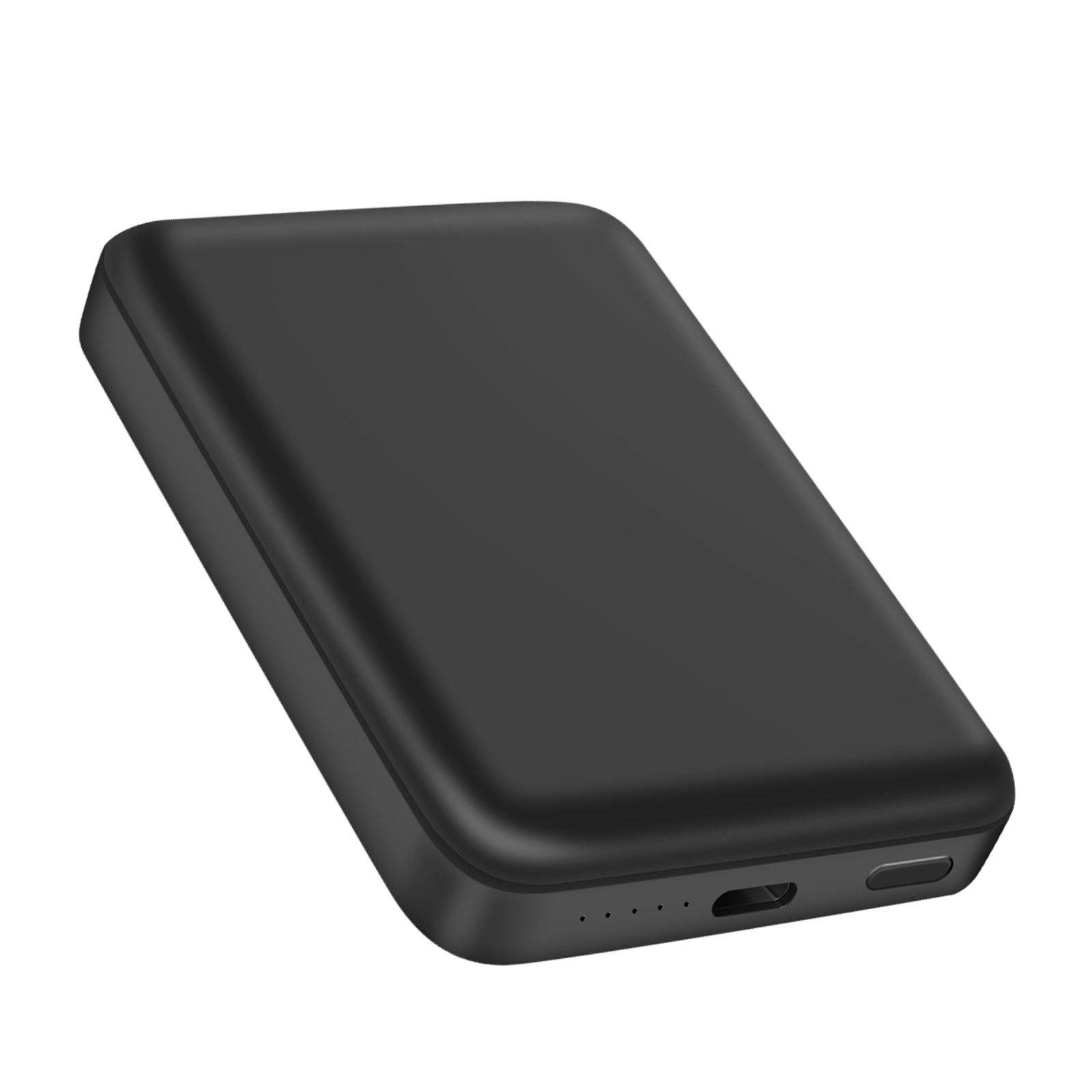 Batterie externe noire au design minimaliste. Port USB-C et bouton d'alimentation.