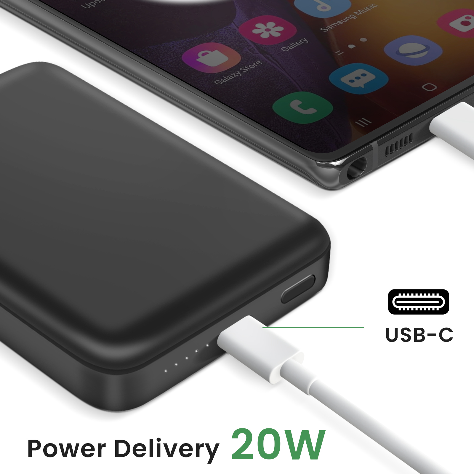 Batterie externe noire chargeant un téléphone. Affiche 20W Power Delivery et USB-C.