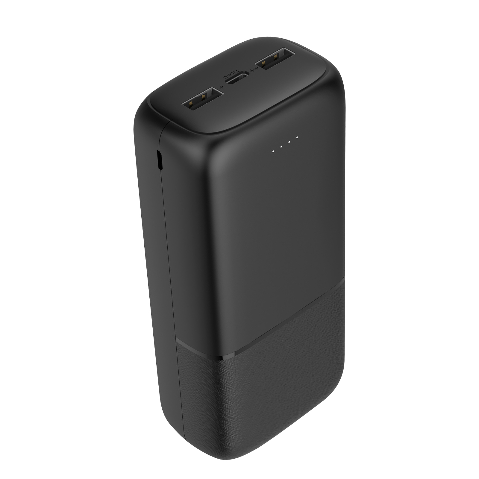 Schwarze Powerbank mit drei Ausgängen und drei Anzeigelichtern. Strukturierter Teil.