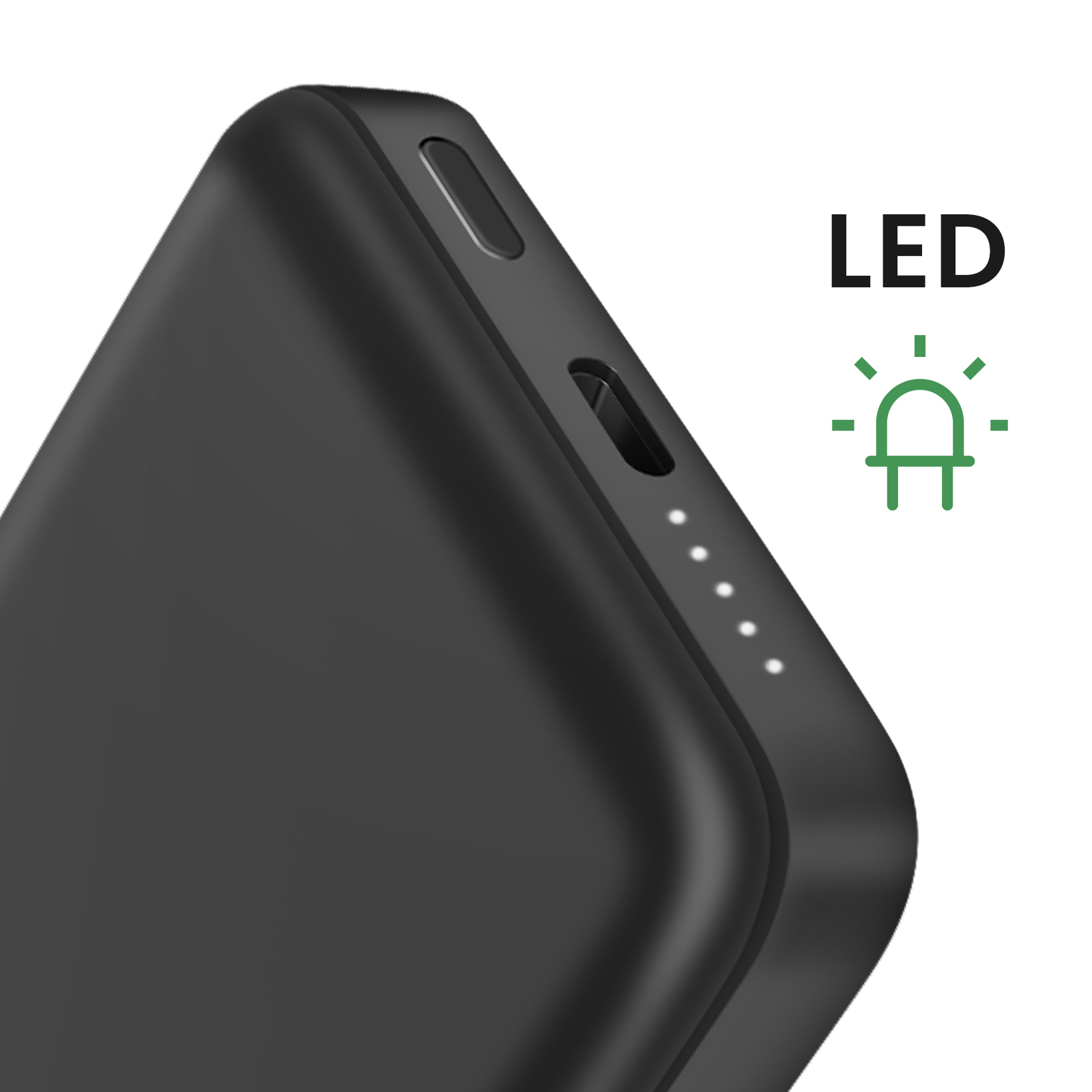 Gros plan d'une banque d'alimentation noire avec indicateurs LED. L'icône LED est verte.