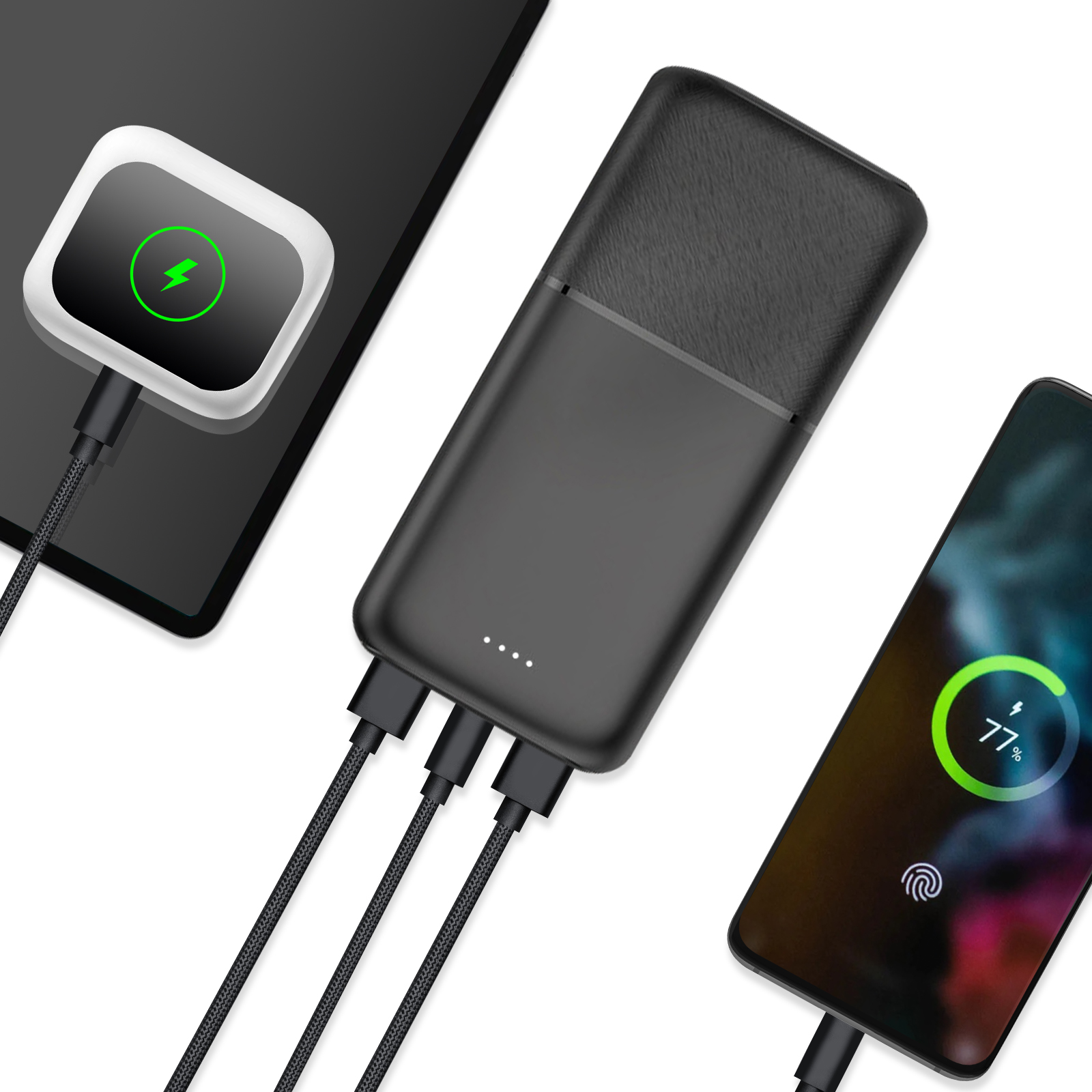 Powerbank lädt Geräte. Tablet, Telefon und Ladepad sind sichtbar.