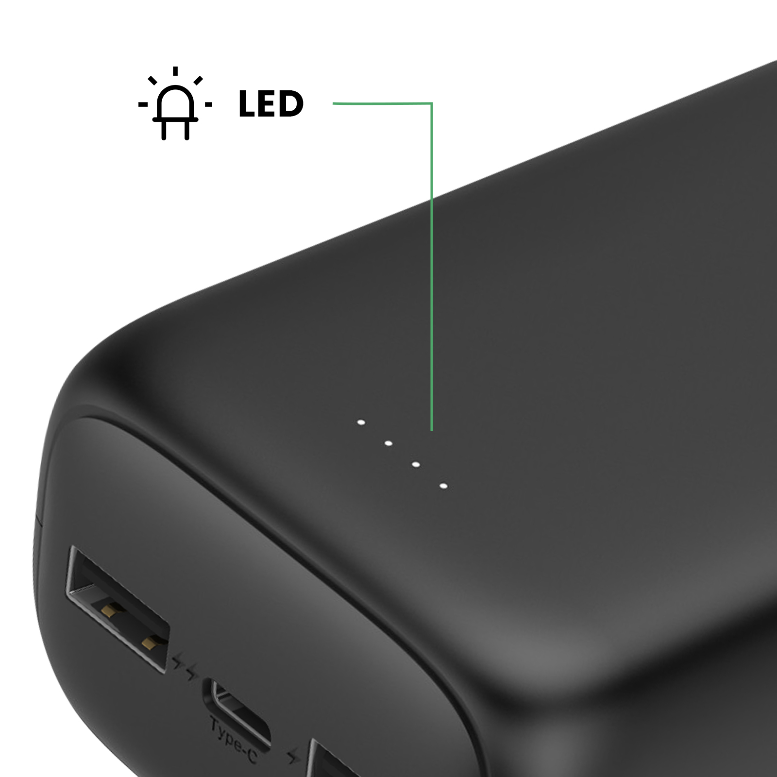 Nahaufnahme einer schwarzen Powerbank mit weißen LED-Anzeigen und Ladeanschlüssen.