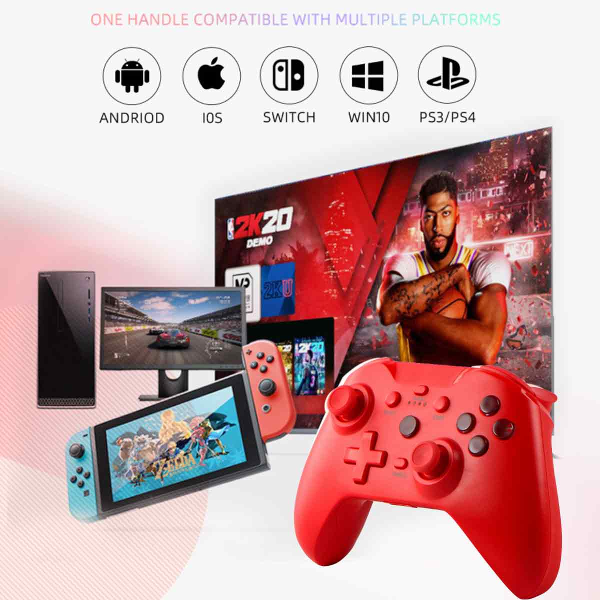 Roter Gamecontroller mit Icons für Android, iOS, Switch, Win10, PS3/PS4.