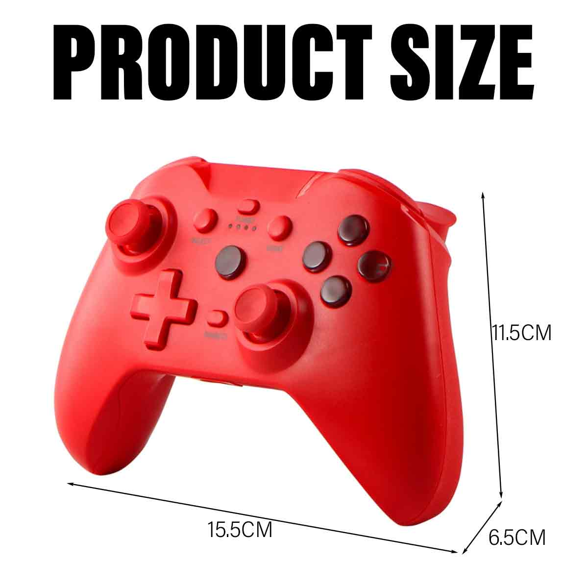 Roter Gamecontroller. Abmessungen: 15,5 cm x 6,5 cm x 11,5 cm. Produktgröße.