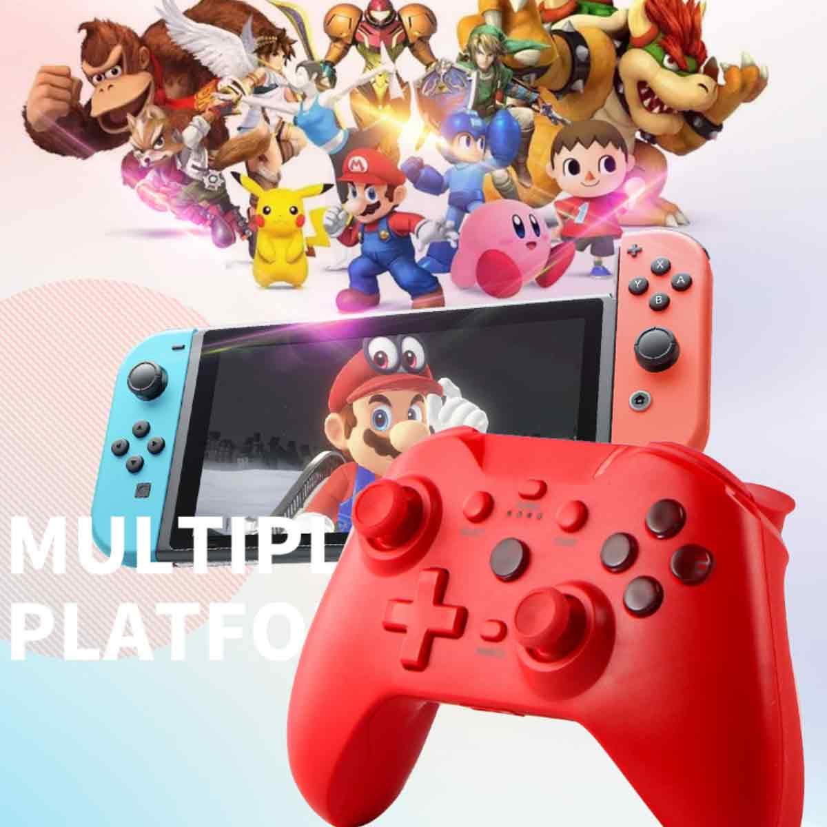 Switch-Konsole, roter Controller und verschiedene Videospielcharaktere im Hintergrund.