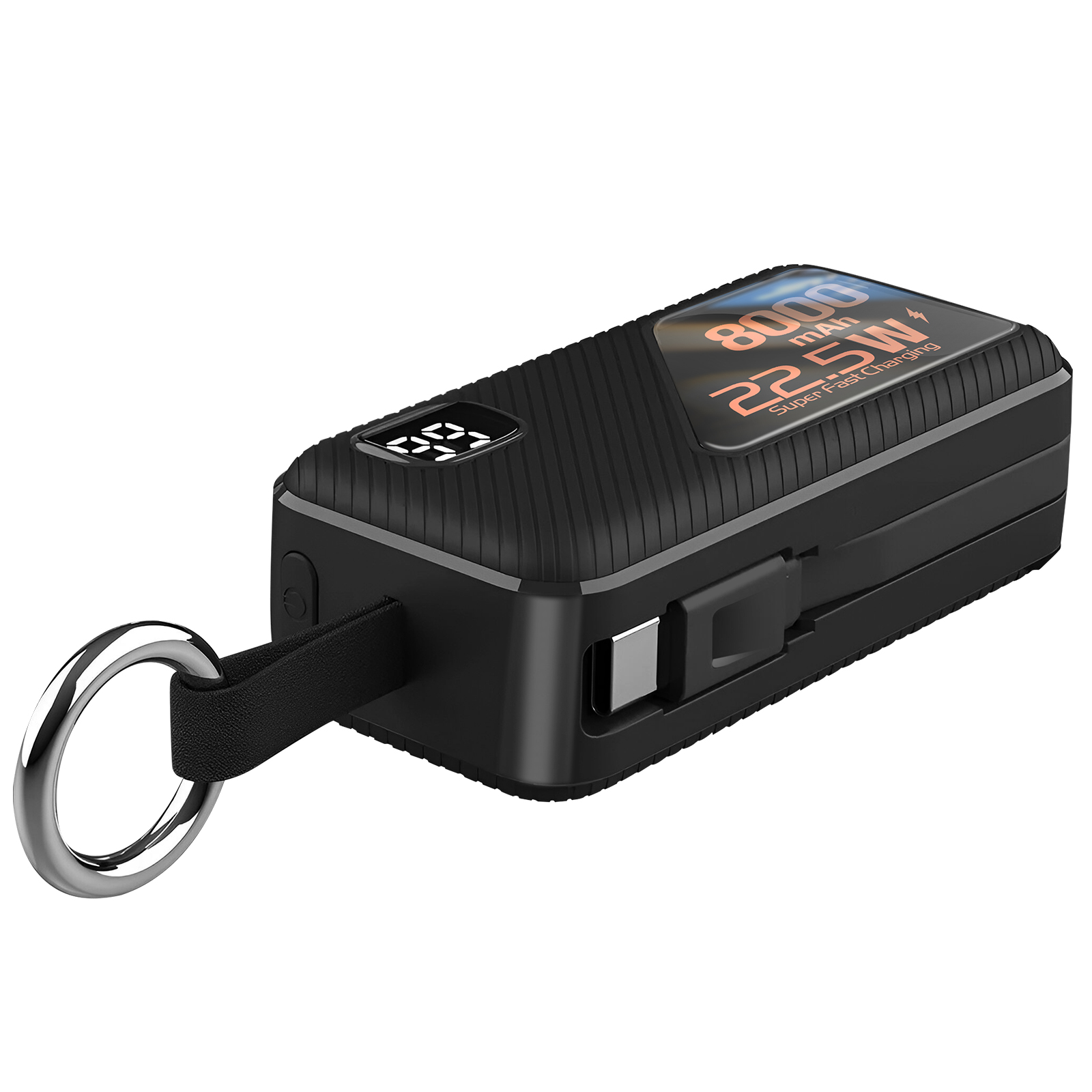 Power bank negra con llavero y pantalla digital, mostrando un 39% de carga.