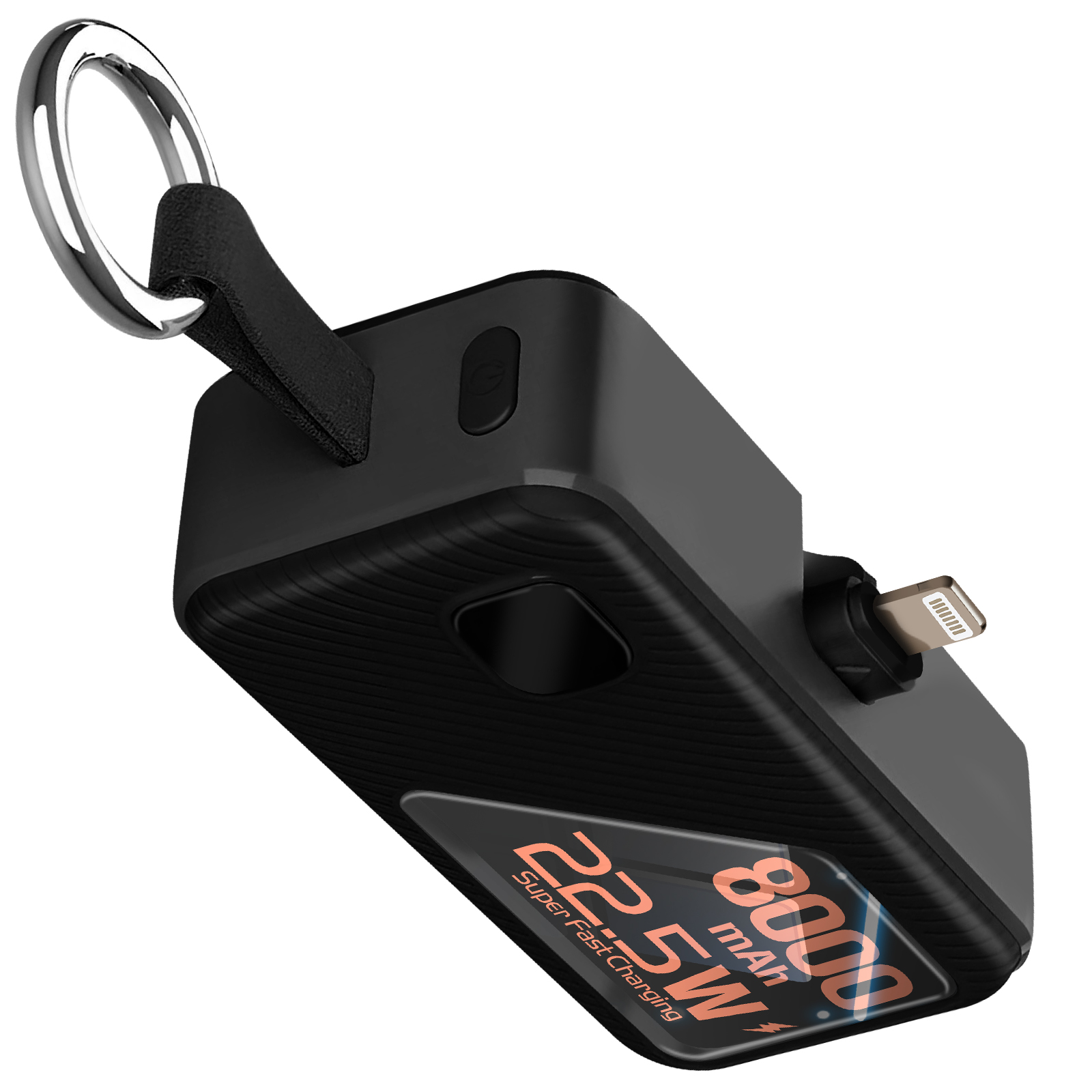 Banco de energía negro con pantalla de 22,5 W, 8000 mAh. Anillo plateado y conector Lightning.
