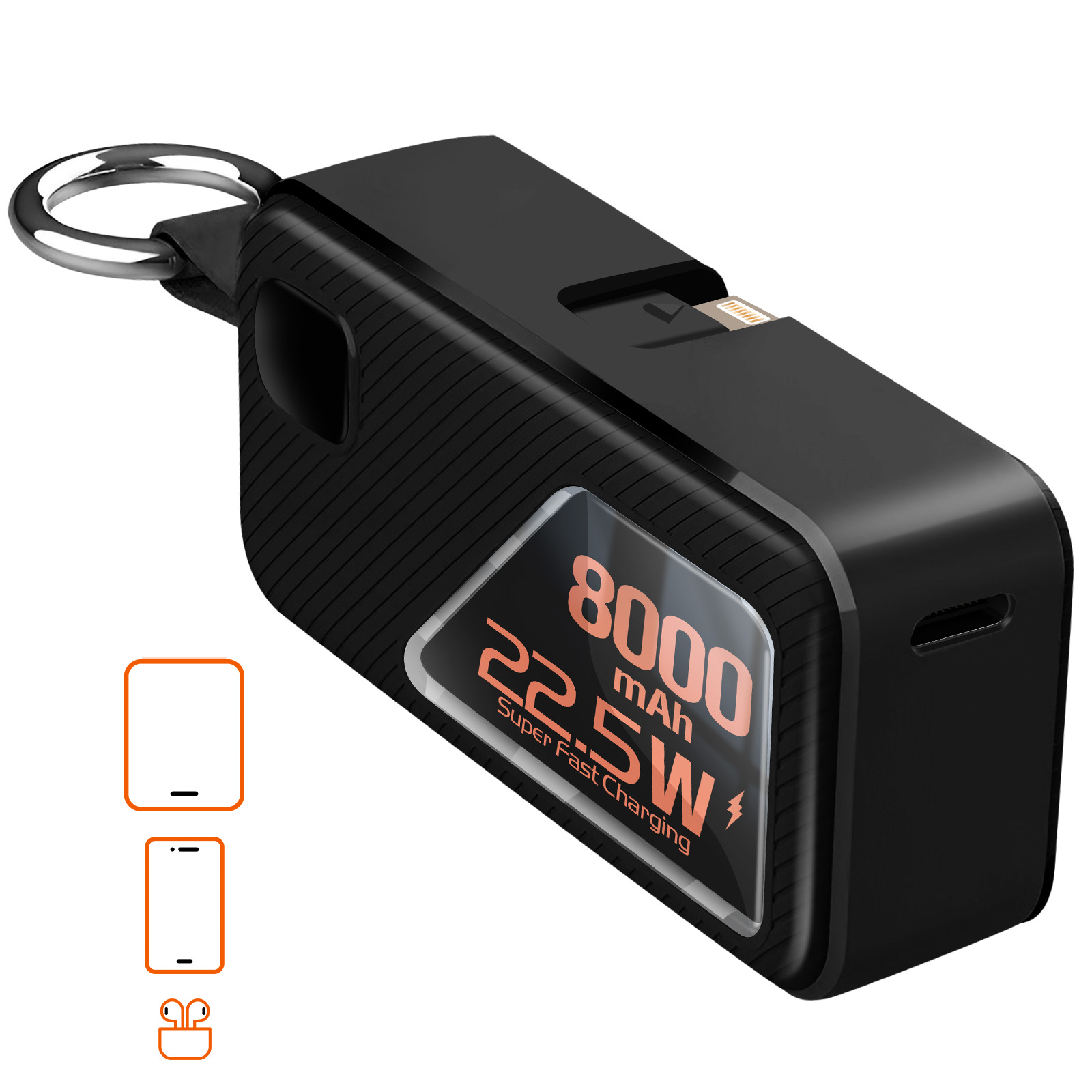 Power bank negra con llavero y pantalla digital. Ofrece 8000 mAh y carga rápida de 22,5 W.