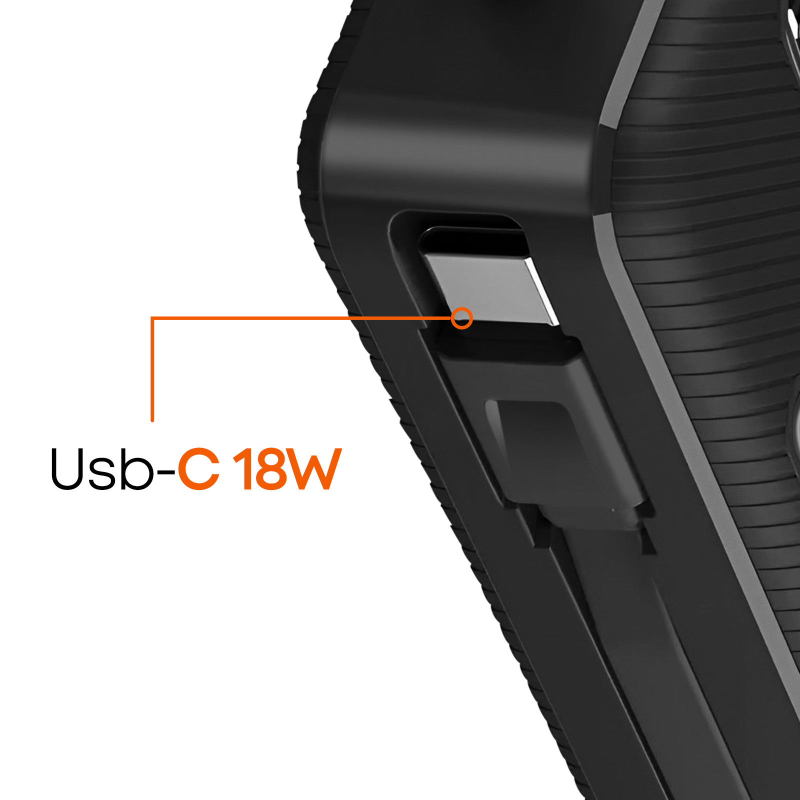 Primer plano de un banco de energía negro con un puerto USB-C etiquetado como 'Usb-C 18W'.