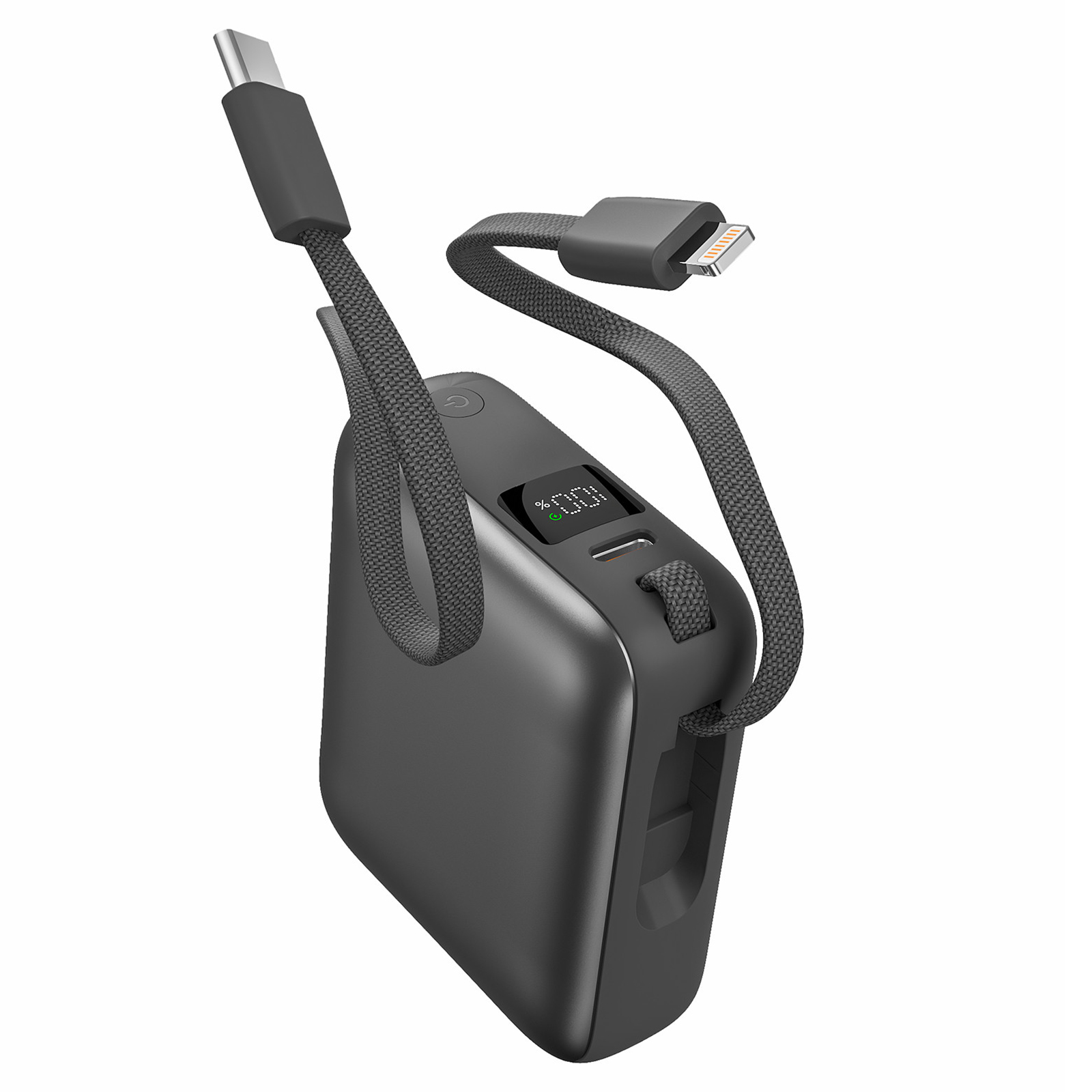 Batterie externe noire avec affichage du pourcentage de charge. Comprend des câbles USB-C et Lightning.