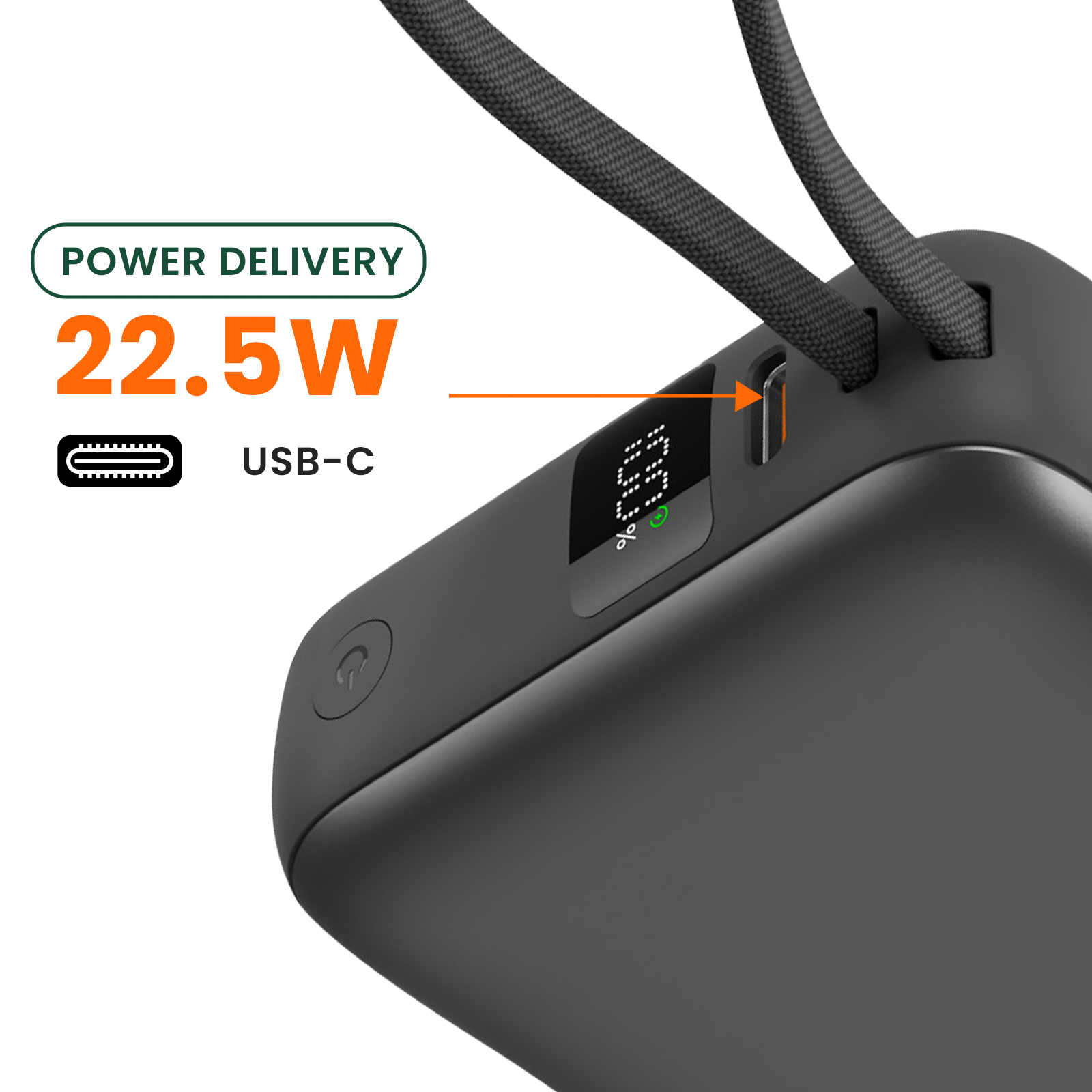 Batterie externe noire avec port USB-C. Affiche une alimentation de 22,5W. Possède un petit écran.