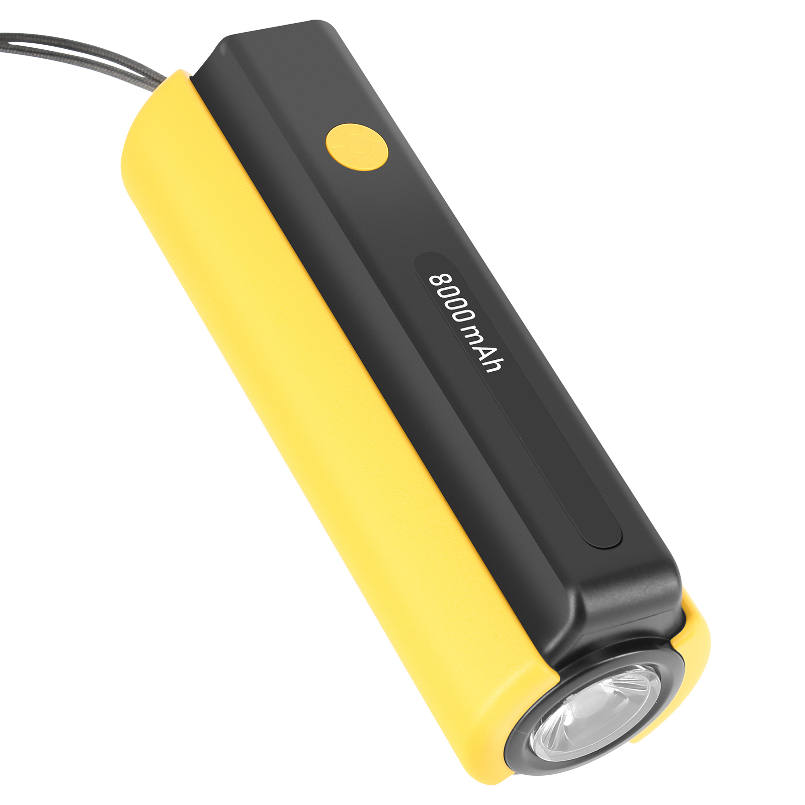 Linterna amarilla y negra que muestra 8000 mAh. Tiene un pequeño lazo y un botón.