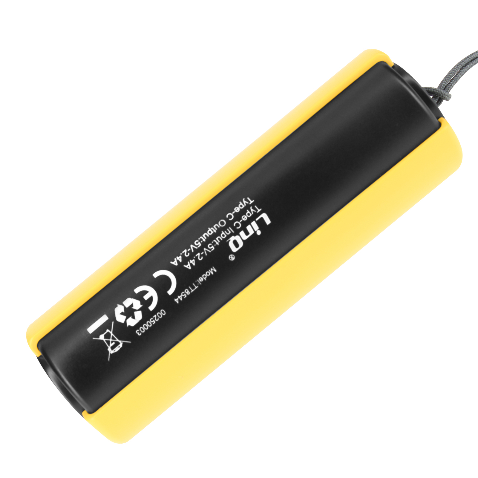 Banco de energía amarillo y negro, con información de entrada y salida Tipo-C impresa en su lateral.
