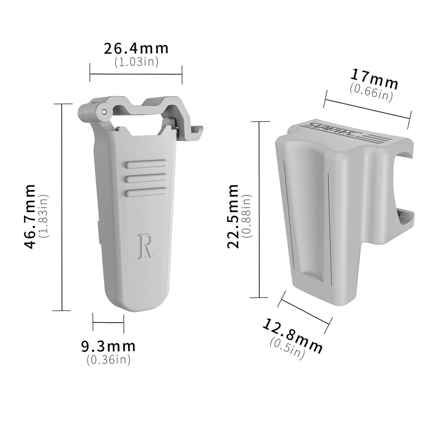 Diagramma che mostra le dimensioni di due parti in plastica grigia, con misure in mm e pollici.