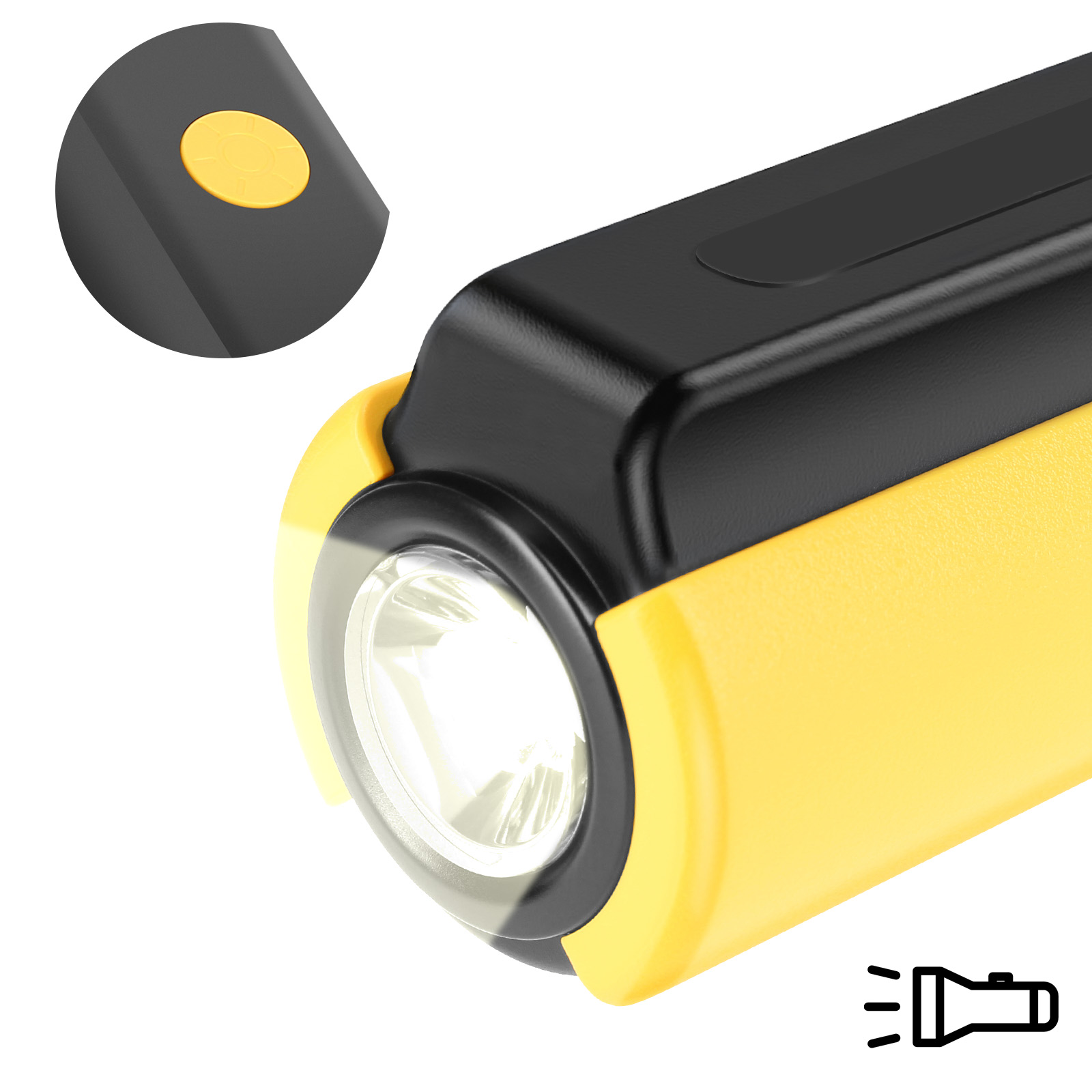 Primer plano de una linterna amarilla y negra. Muestra una luz y un botón amarillo. Tiene un icono.