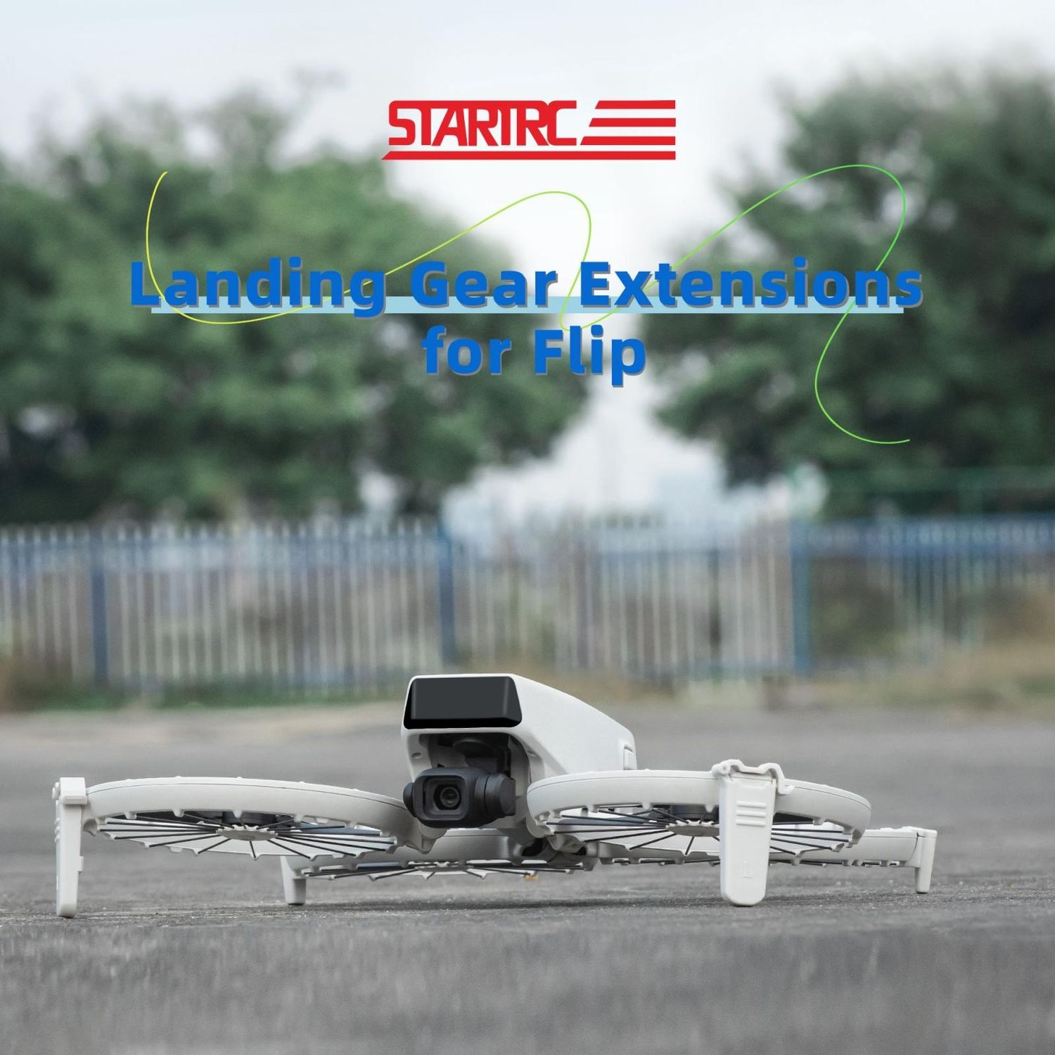 Drone a terra con estensioni del carrello di atterraggio. Il testo dice Estensioni del carrello di atterraggio per Flip.