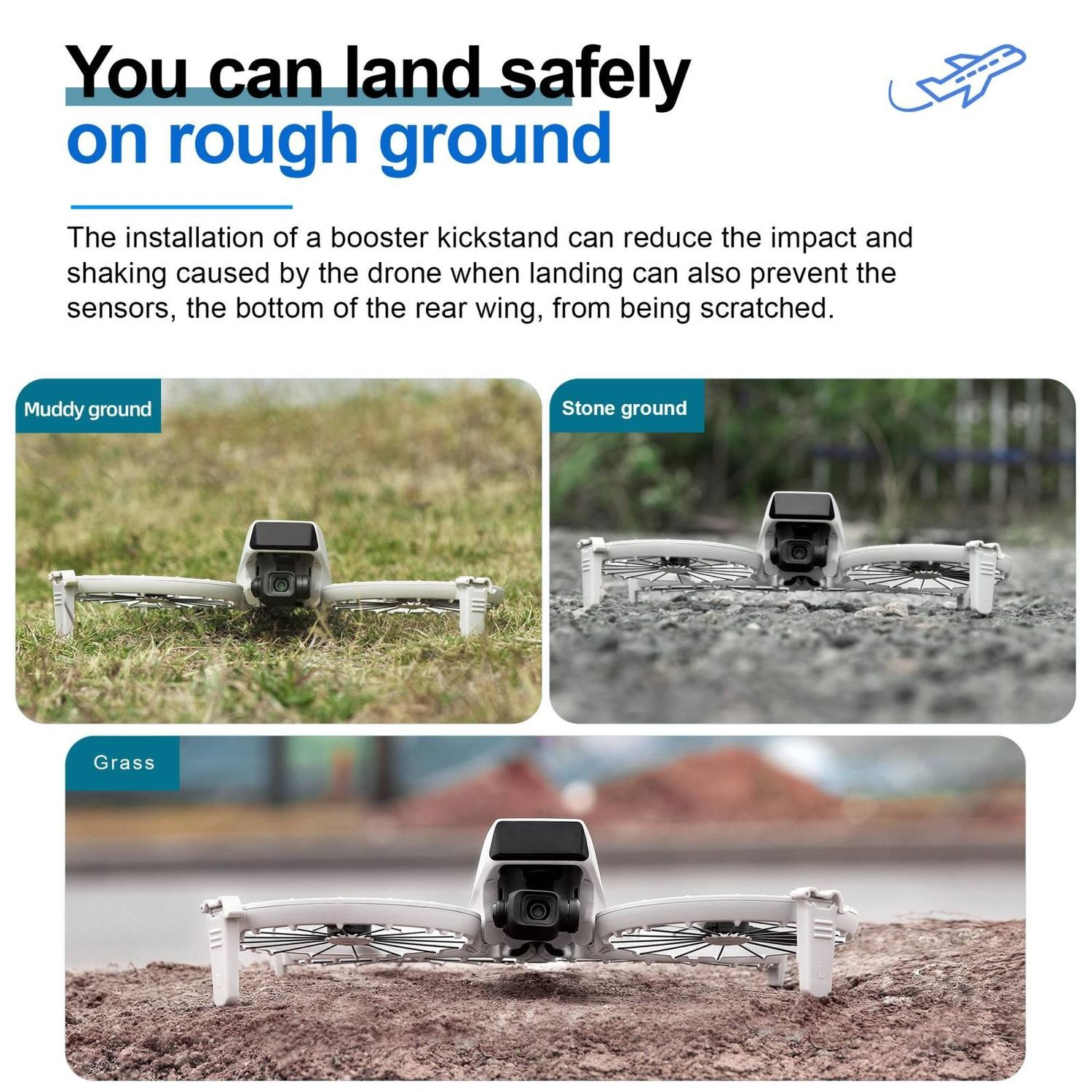 Drone su diversi tipi di terreno: fangoso, pietra ed erba. Testo: Puoi atterrare in sicurezza su terreno accidentato.