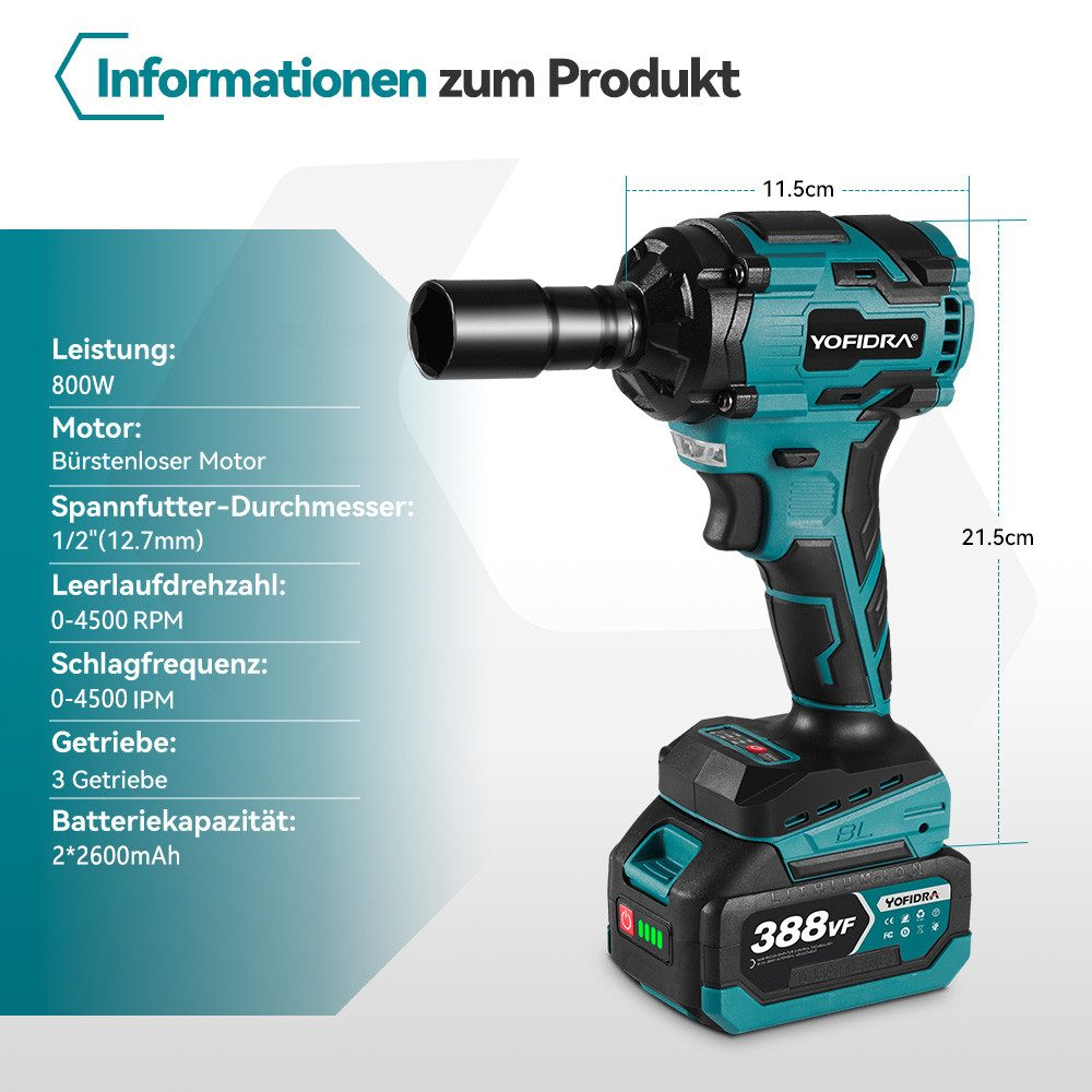 Ein Schlagschrauber mit Abmessungen und Produktinformationen wird angezeigt. Das Werkzeug ist türkis und schwarz.
