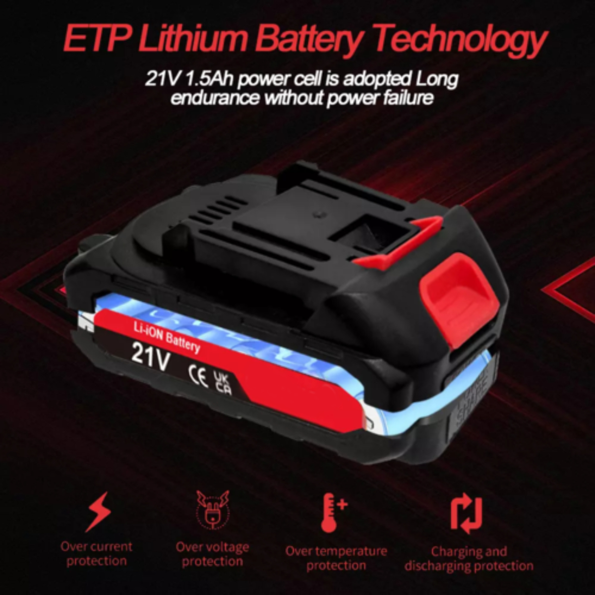 Schwarz-rotes Lithium-Akkupack mit Text über Funktionen und Schutz.